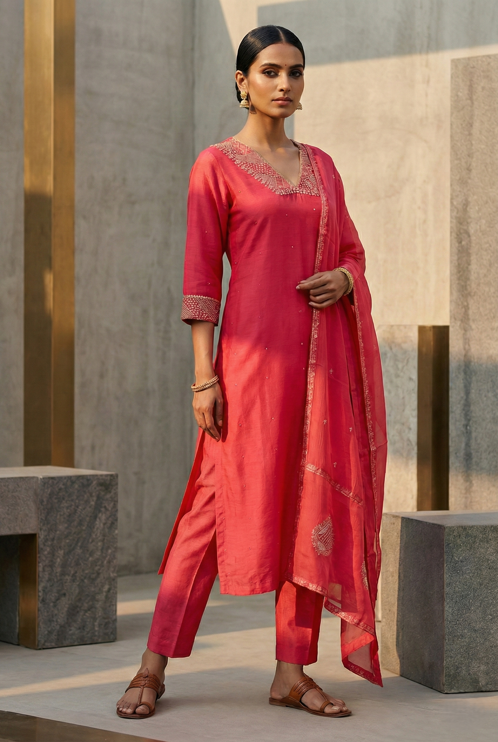 Rust Mal Chanderi Straight Suit Set