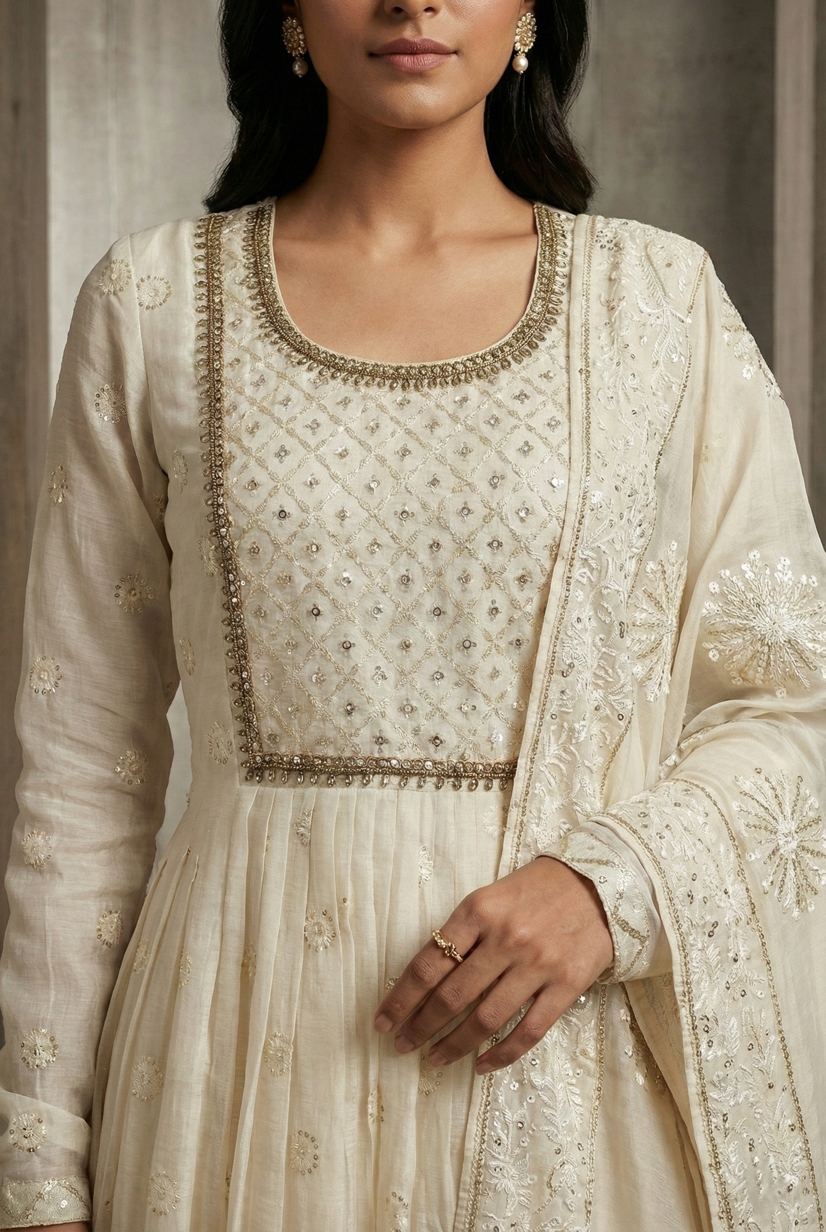 Cream Mal Chanderi Flared Suit Set