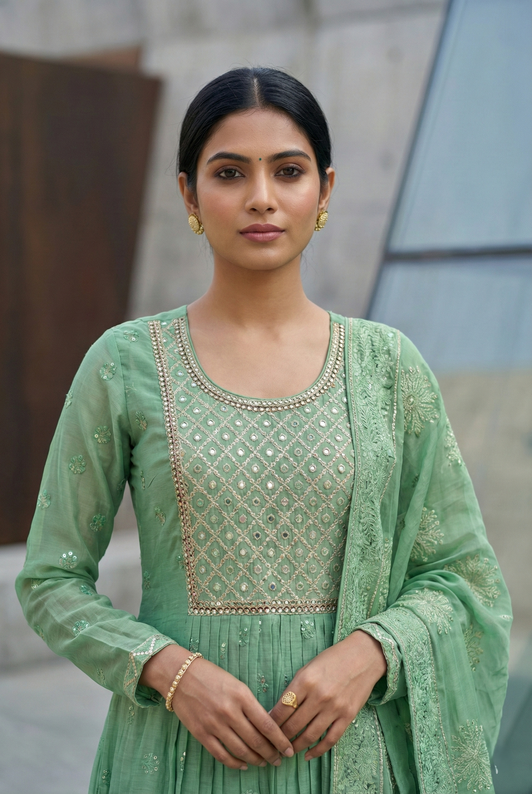 Pastel Green Mal Chanderi Suit Set