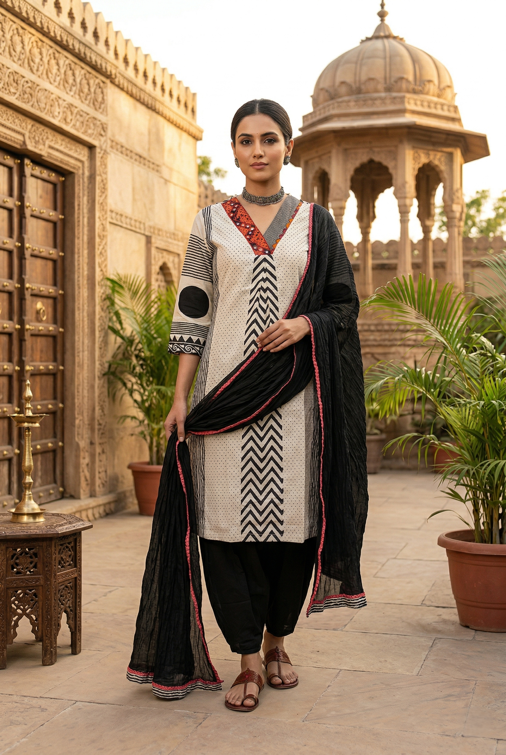 Biscuit Cotton A-Line Suit Set with M. Embroidery