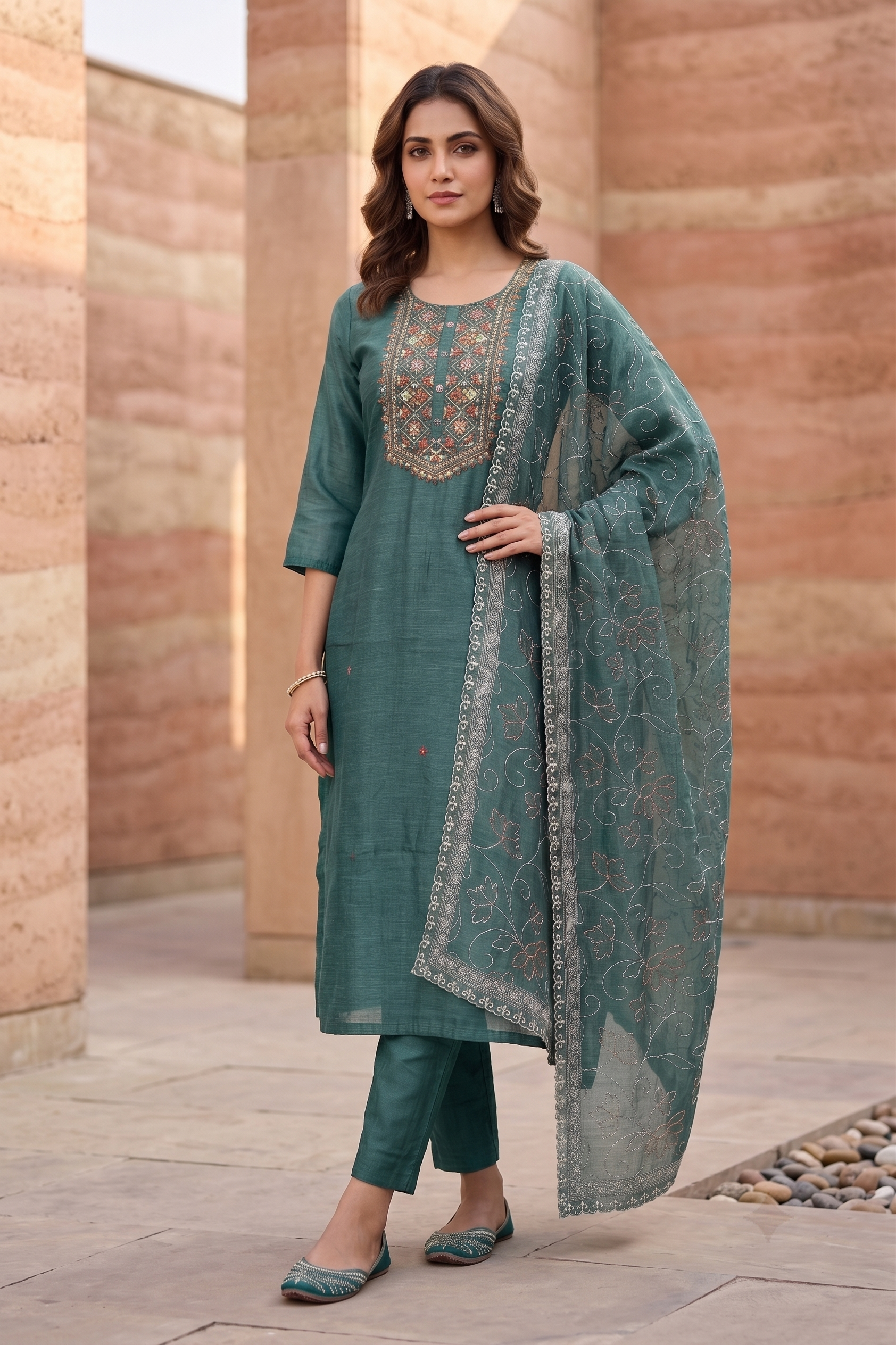 Graceful Green Poly Mal Chanderi Straight Salwar Suit