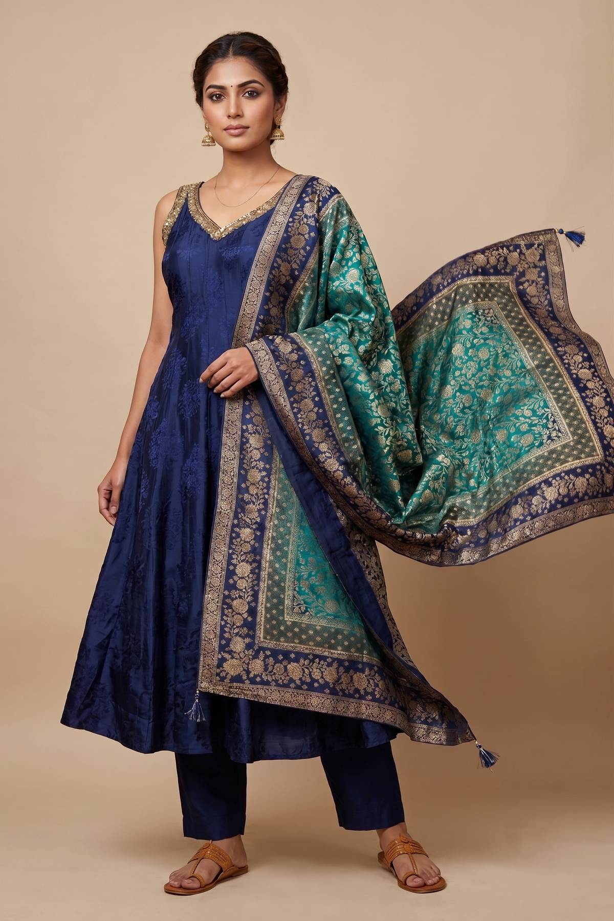 Blue Viscose Slub Anarkali Salwar Suit Set