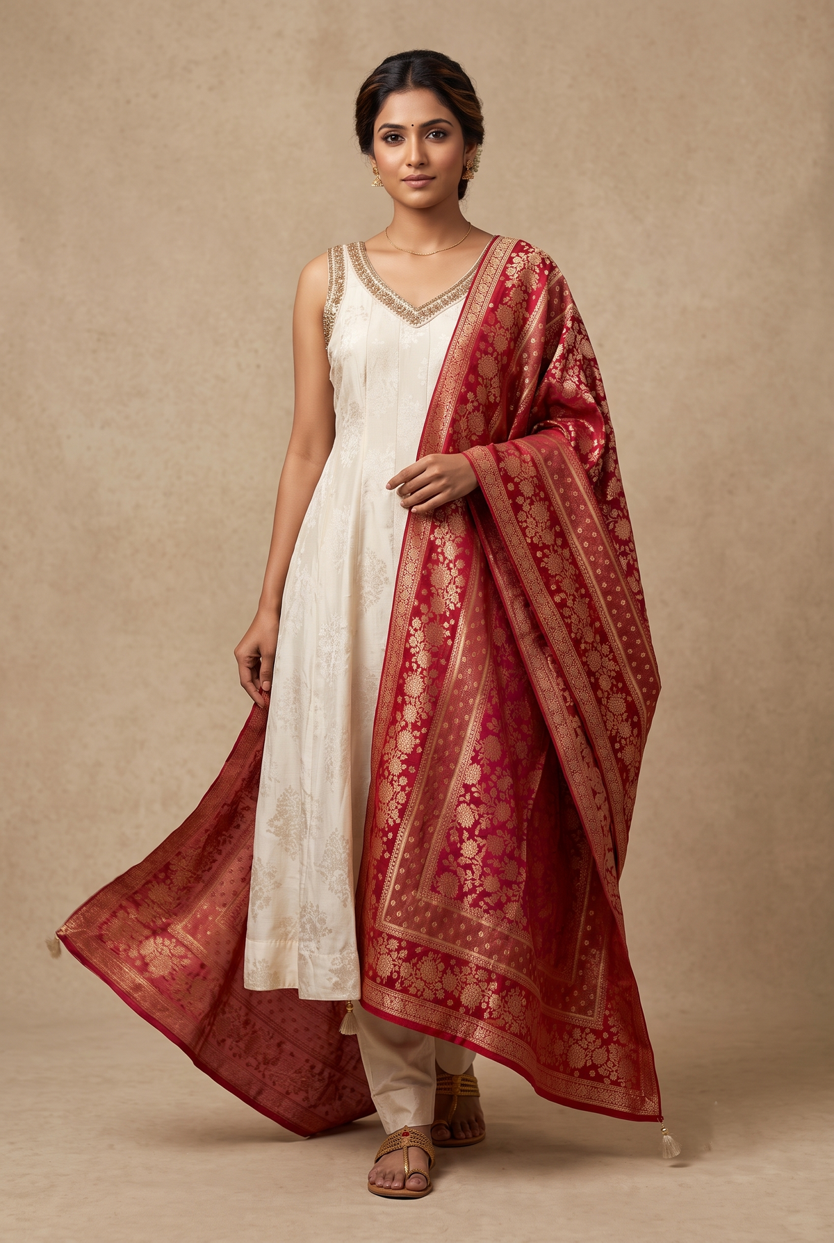 White Viscose Slub Anarkali Salwar Suit Set
