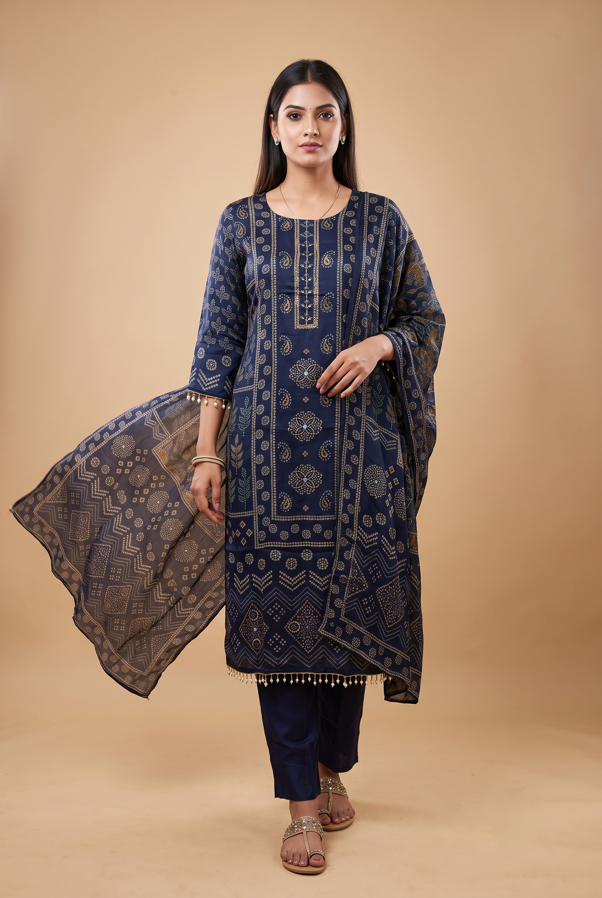 Blue Crepe Modal Silk Straight Salwar Suit Set