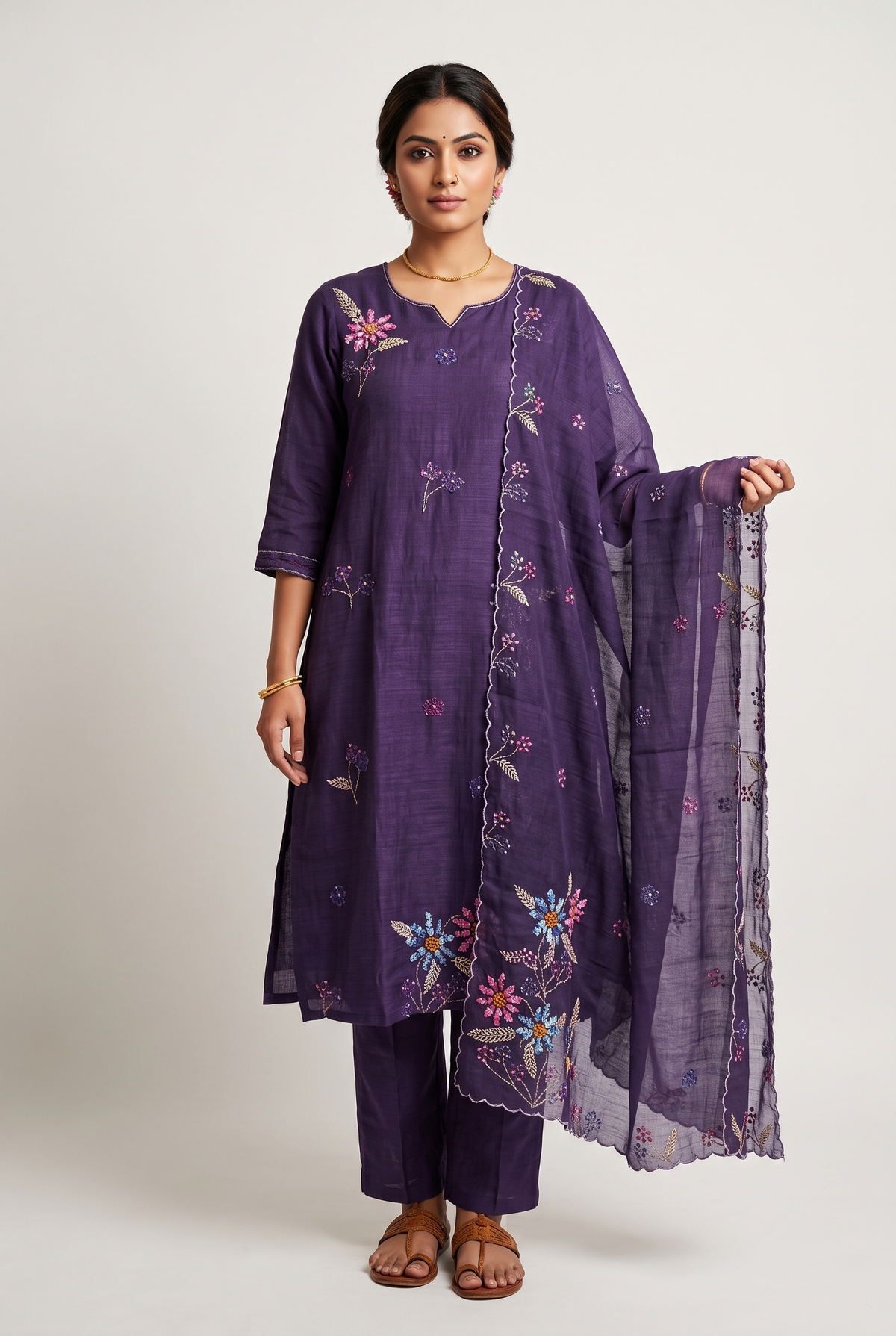 Purple Semi-Linen Straight Salwar Suit Set