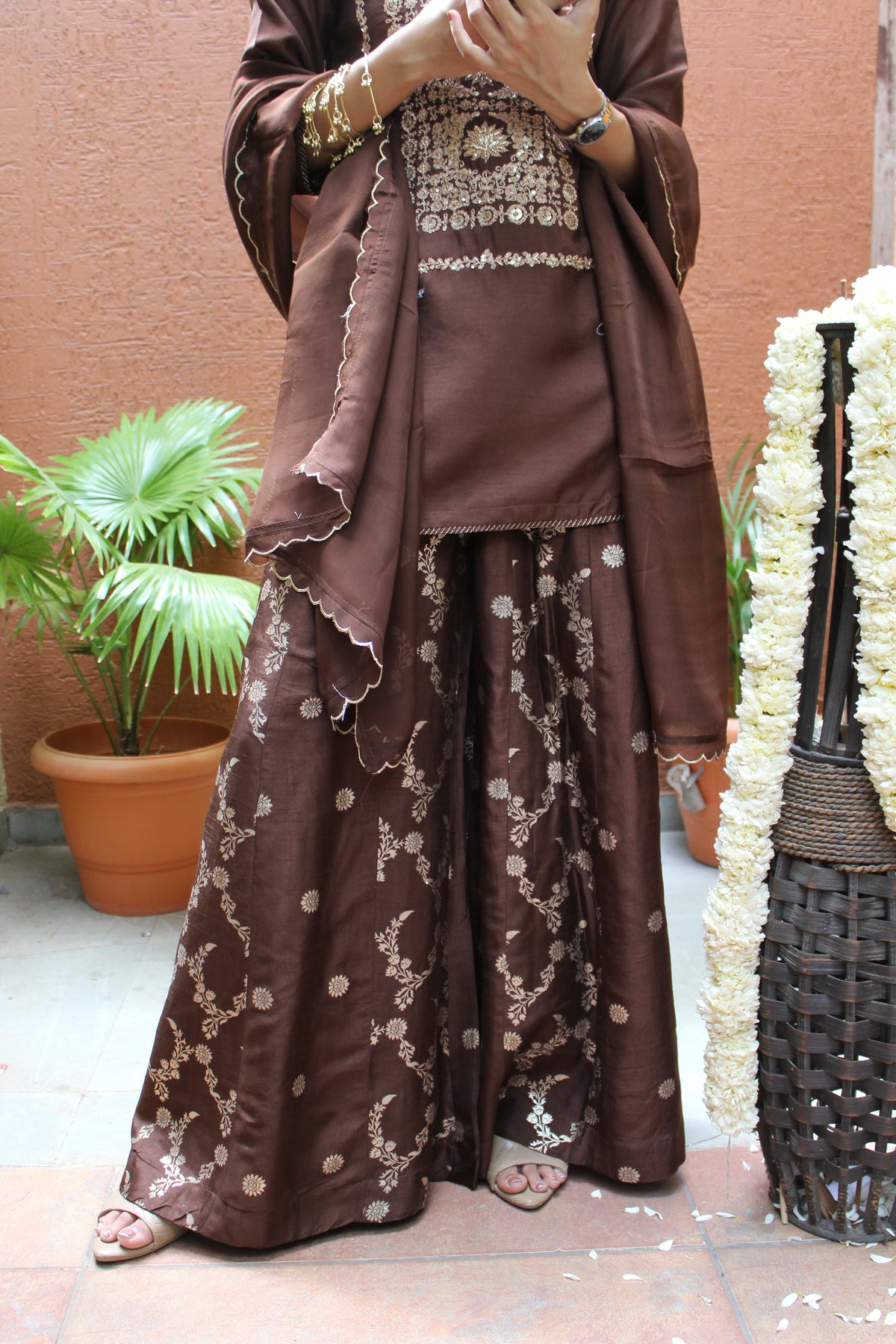 Brown Dola Silk Apple Straight Suit Set
