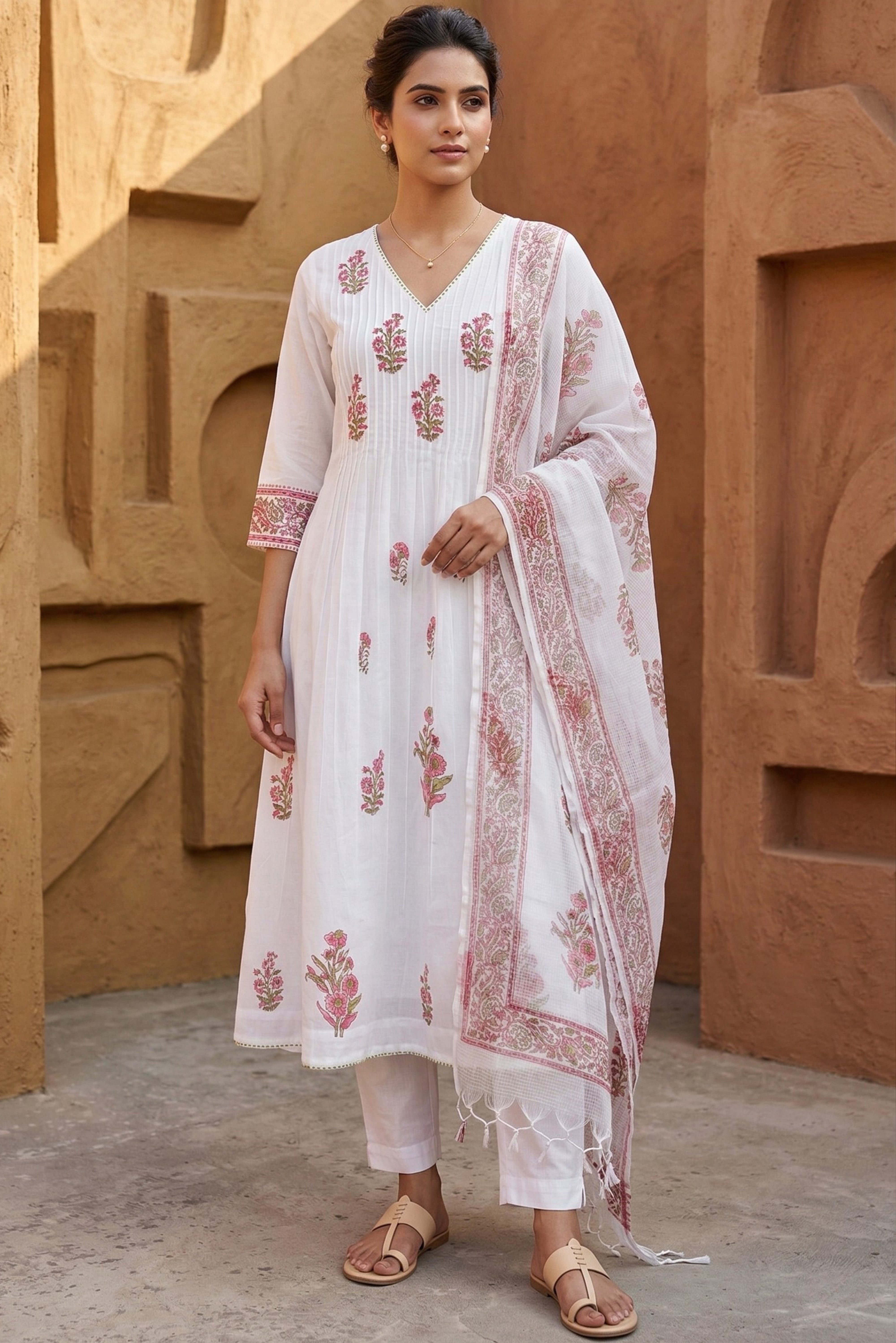 White Mulmul Flared Suit Set