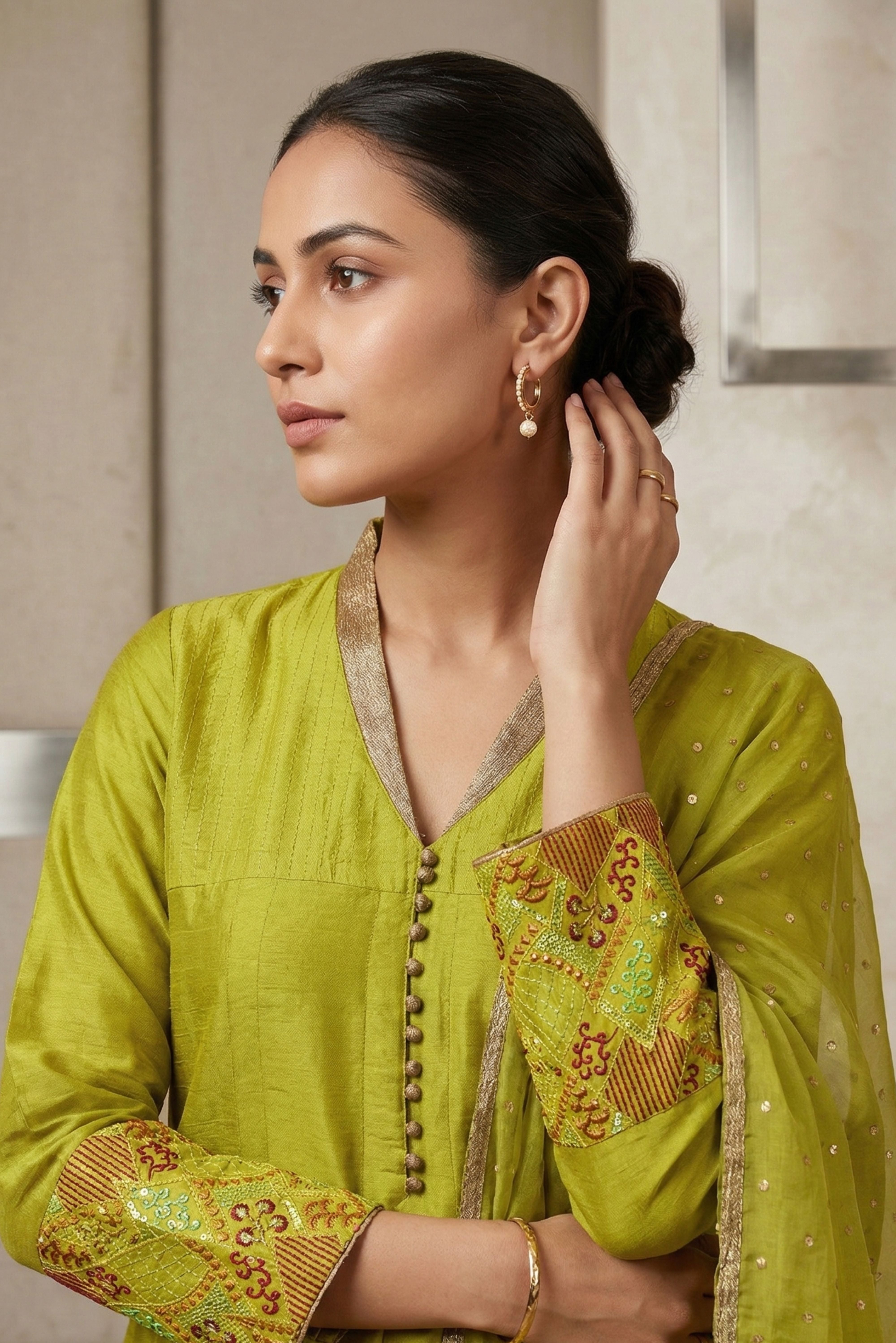 Rich Dola Silk Lime Green A-line Suit Set
