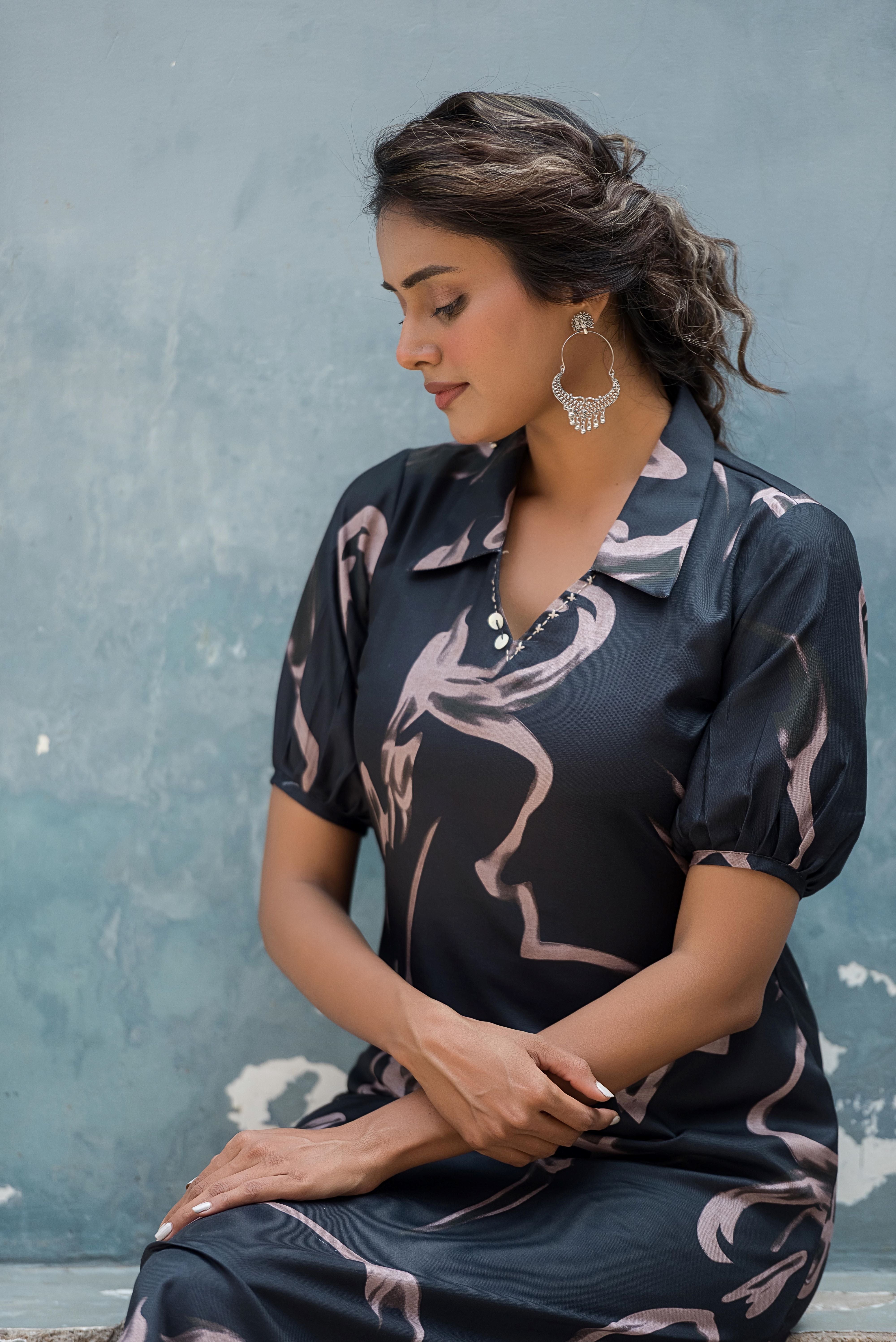 A Black A-line Printed Dress