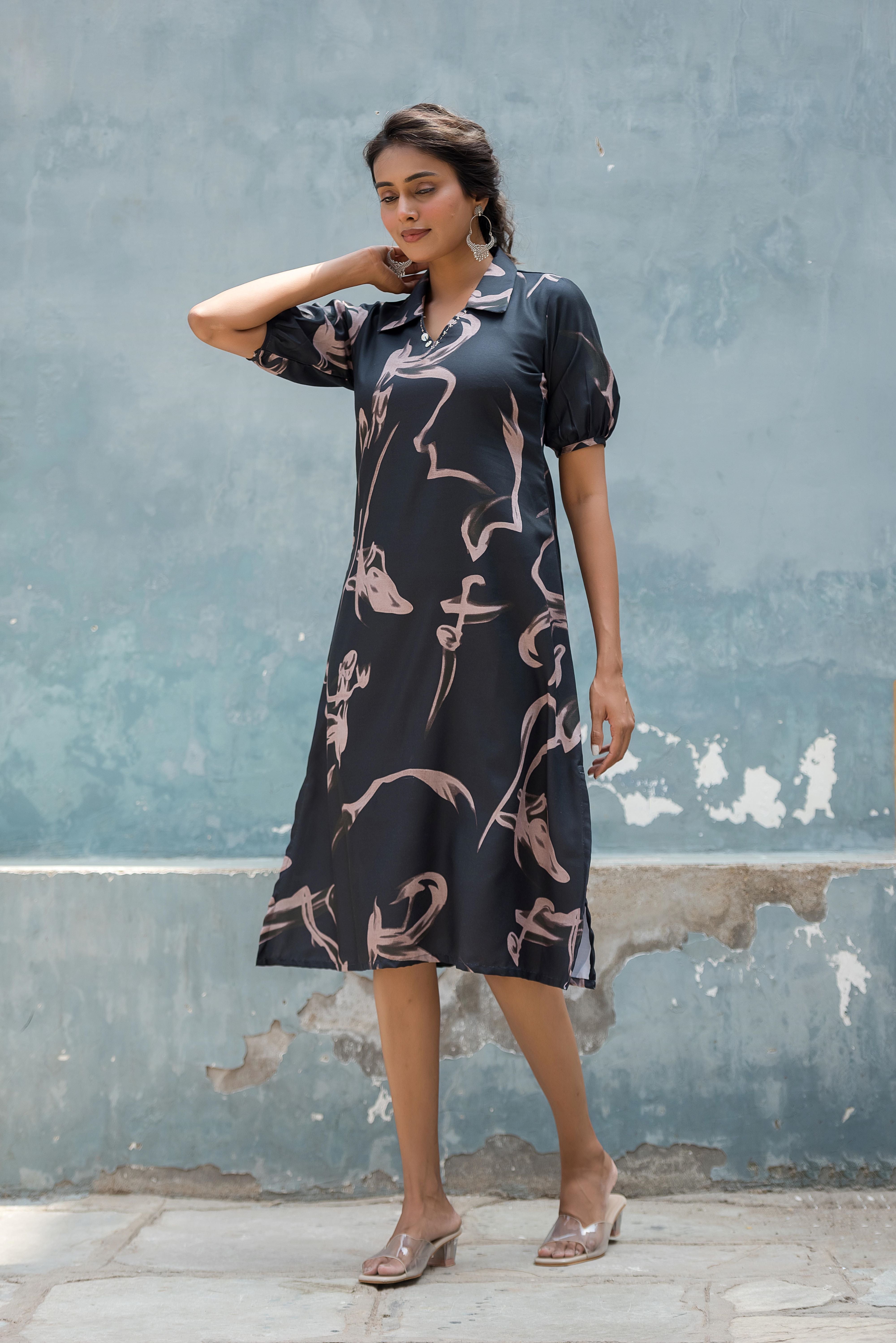 A Black A-line Printed Dress