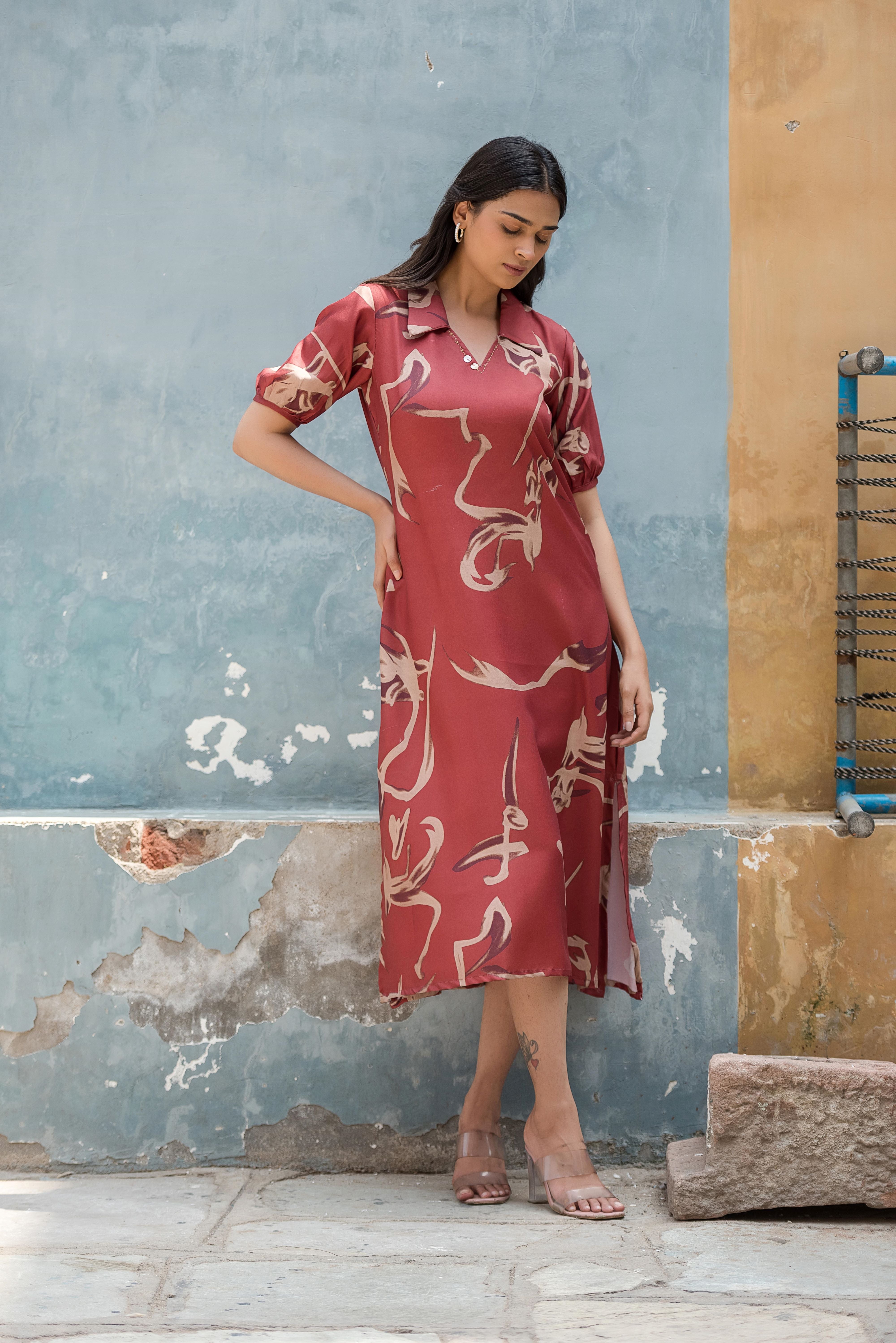 A Red A-line Printed Dress