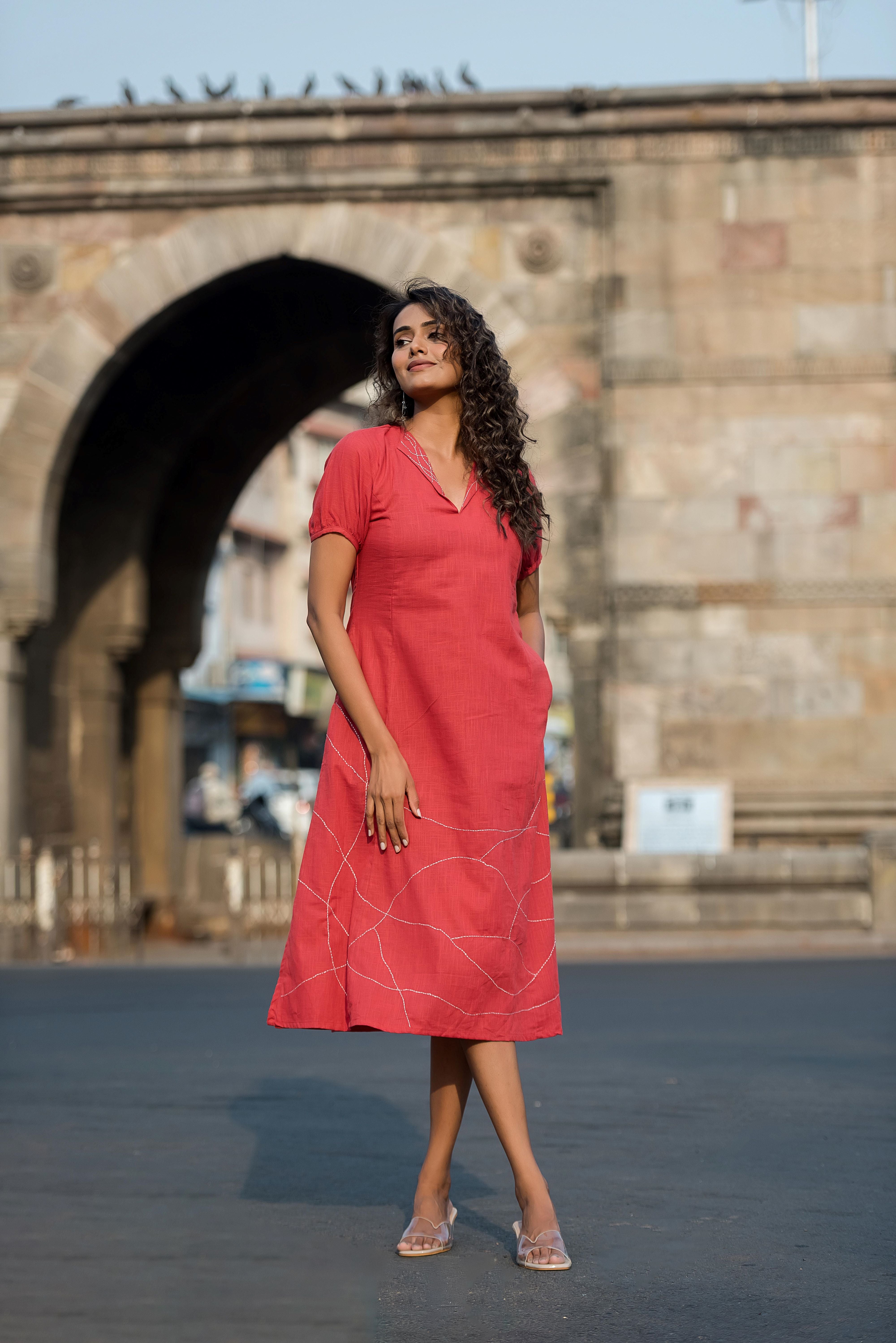 An Elegant Red Linen Kali Dress