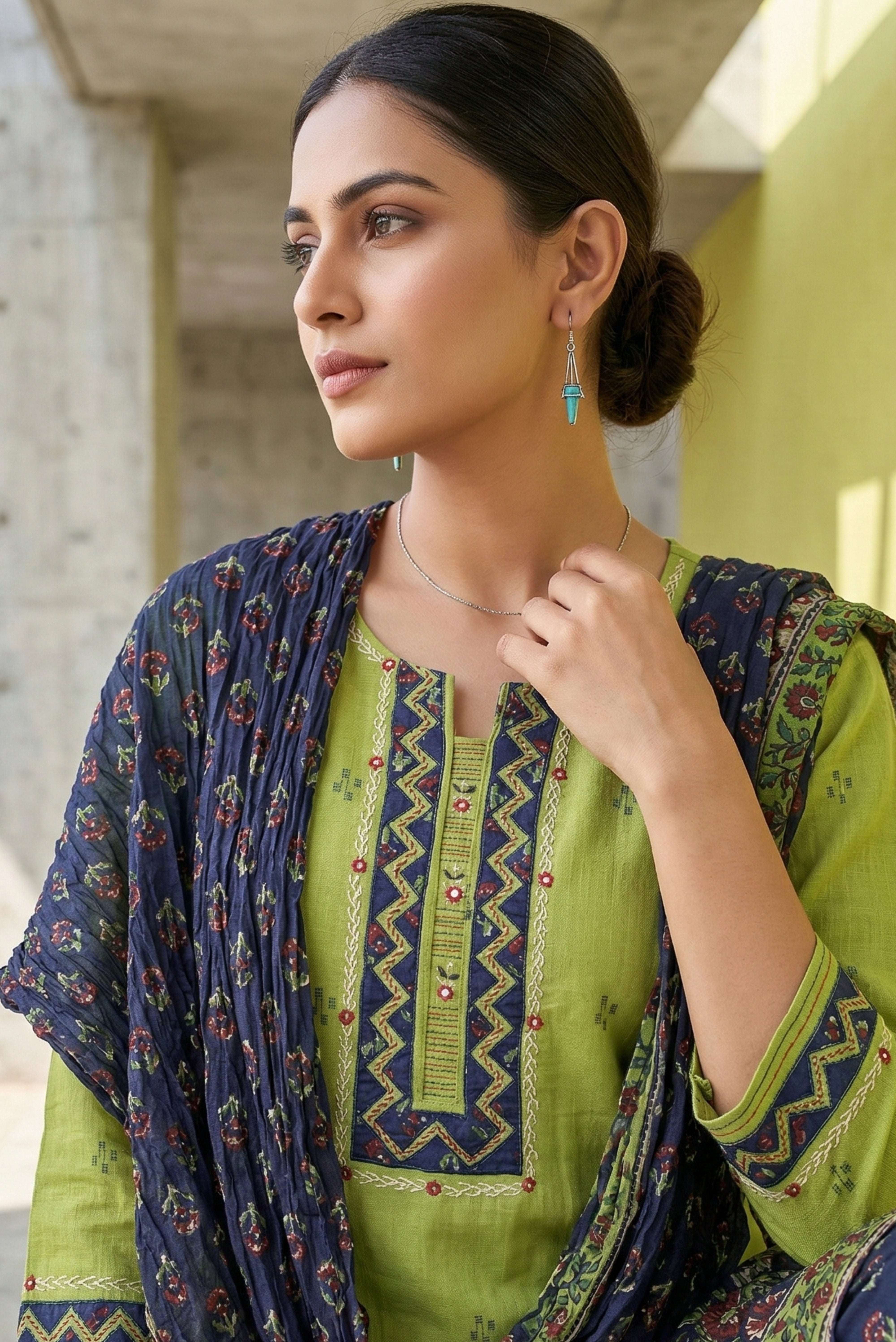 Graceful Green Straight Cotton Suit Set