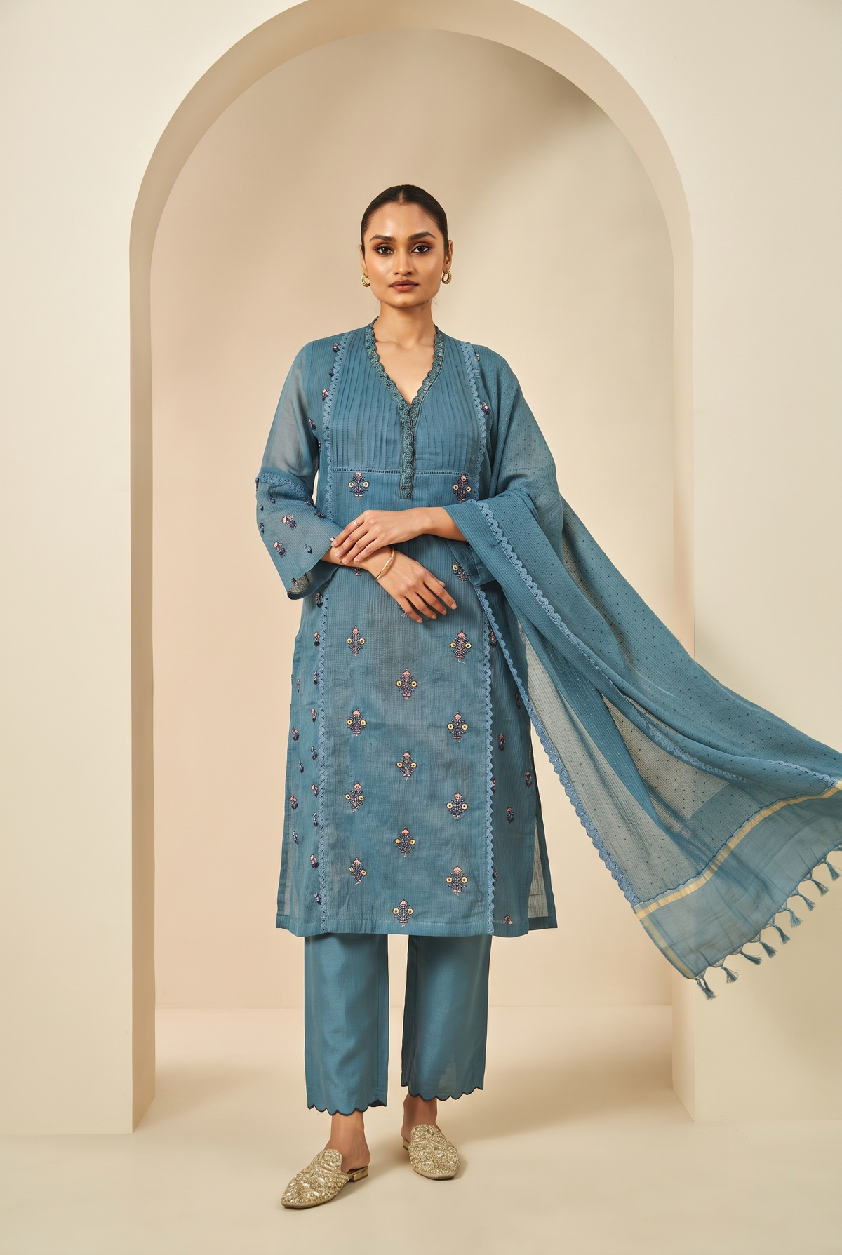 Blue Mal Chanderi A-line Salwar Suit Set