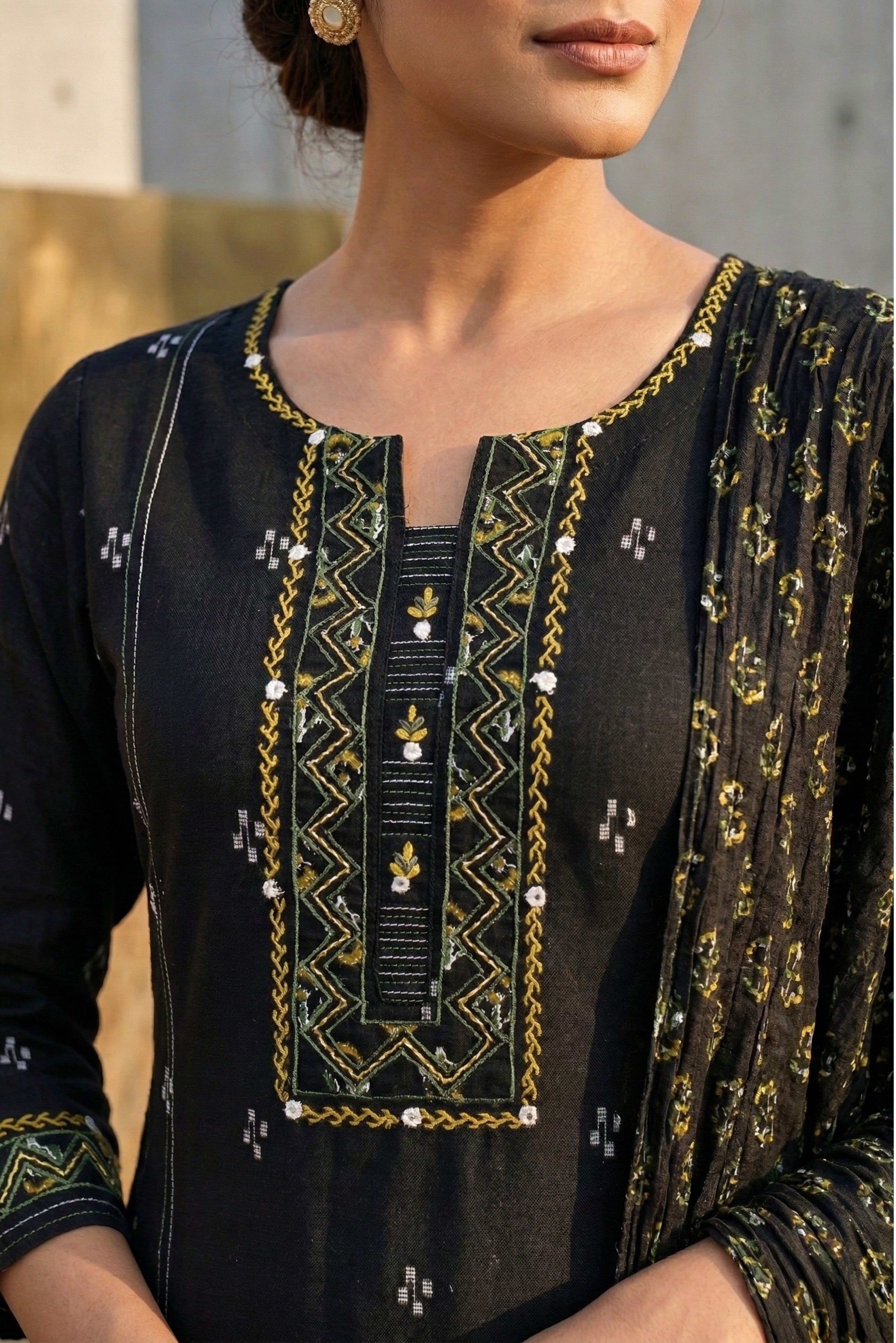 Bright Black Straight Cotton Suit Set