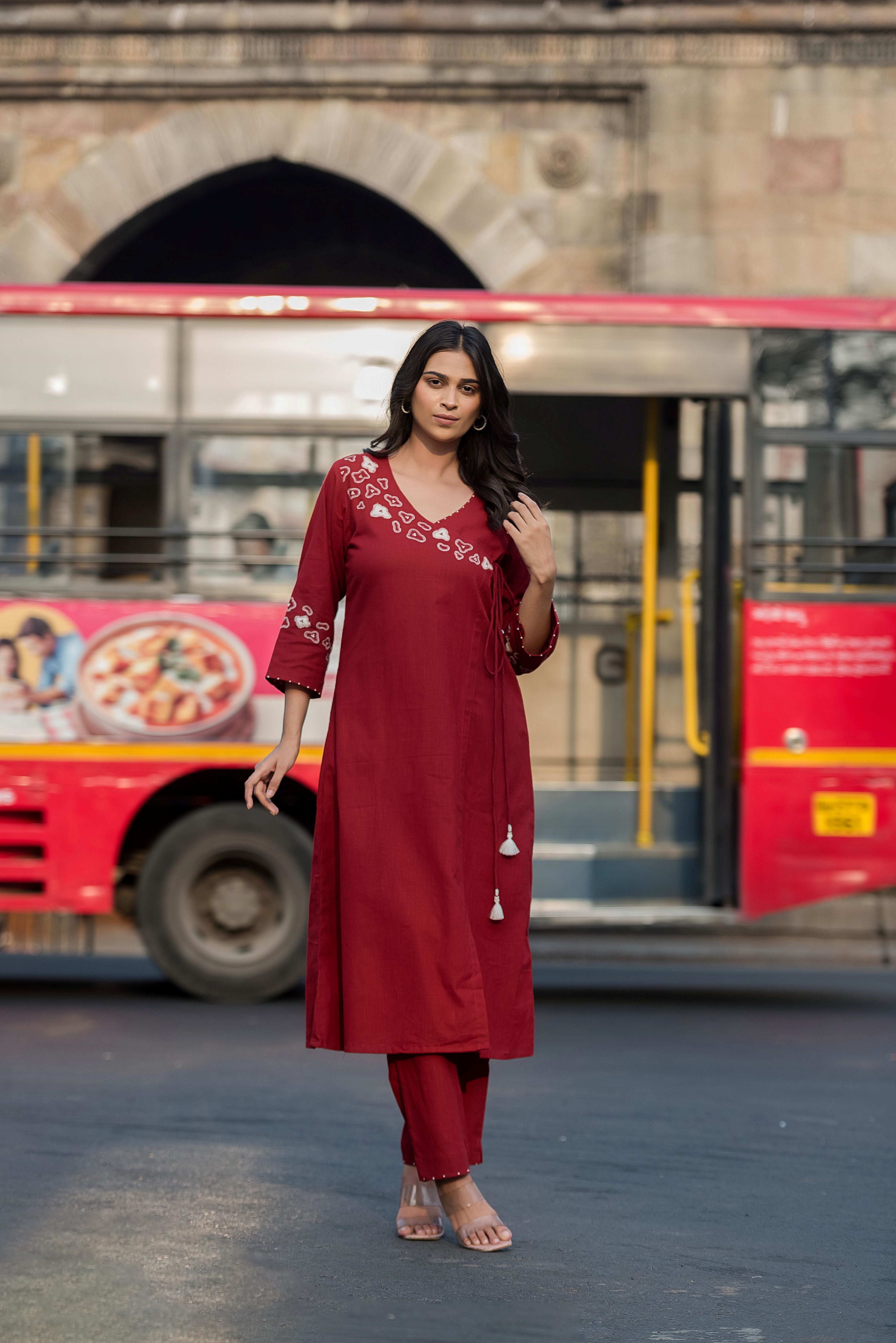 Red Angrakha Kurta Set