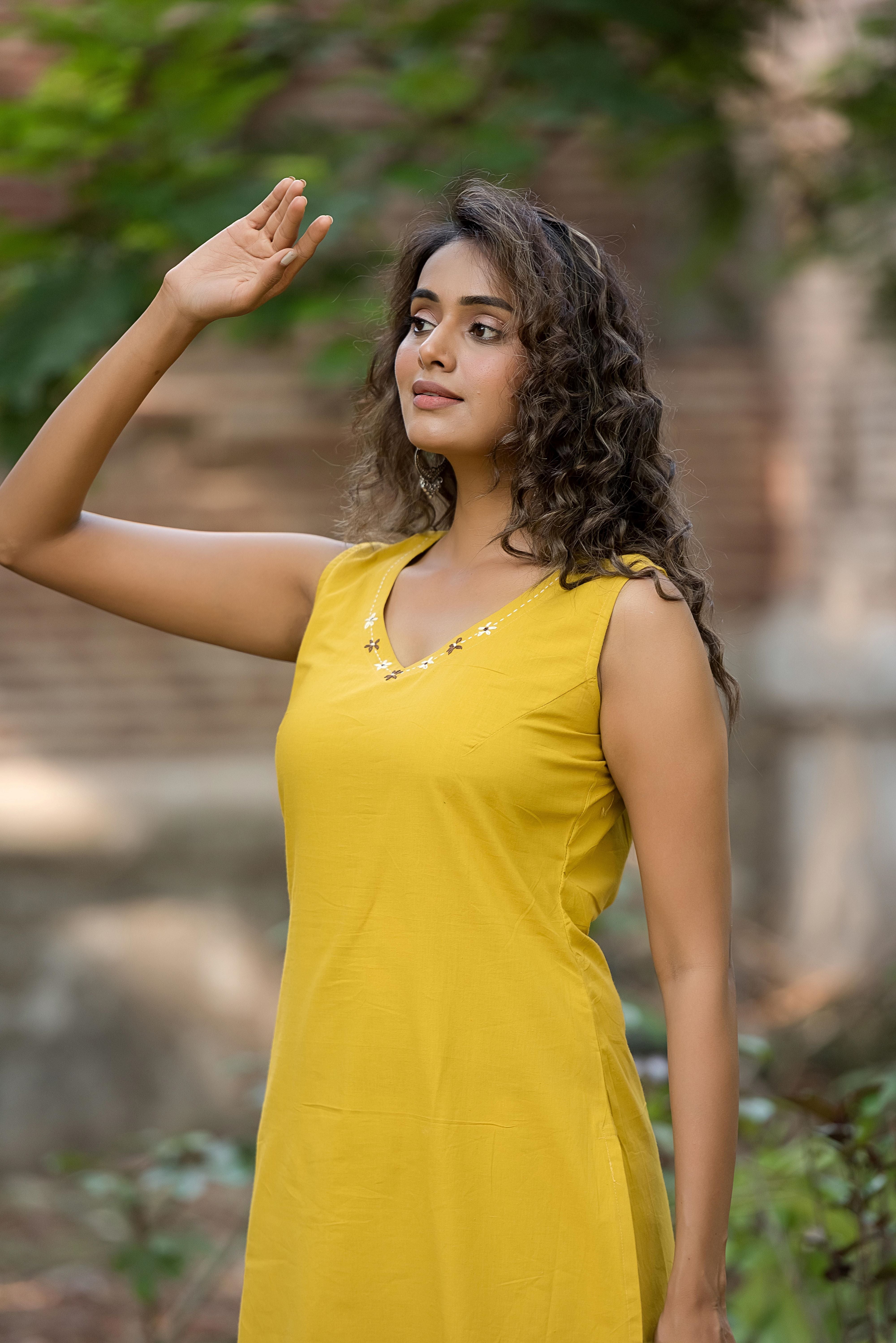 Yellow A-line Cotton Kurta Set