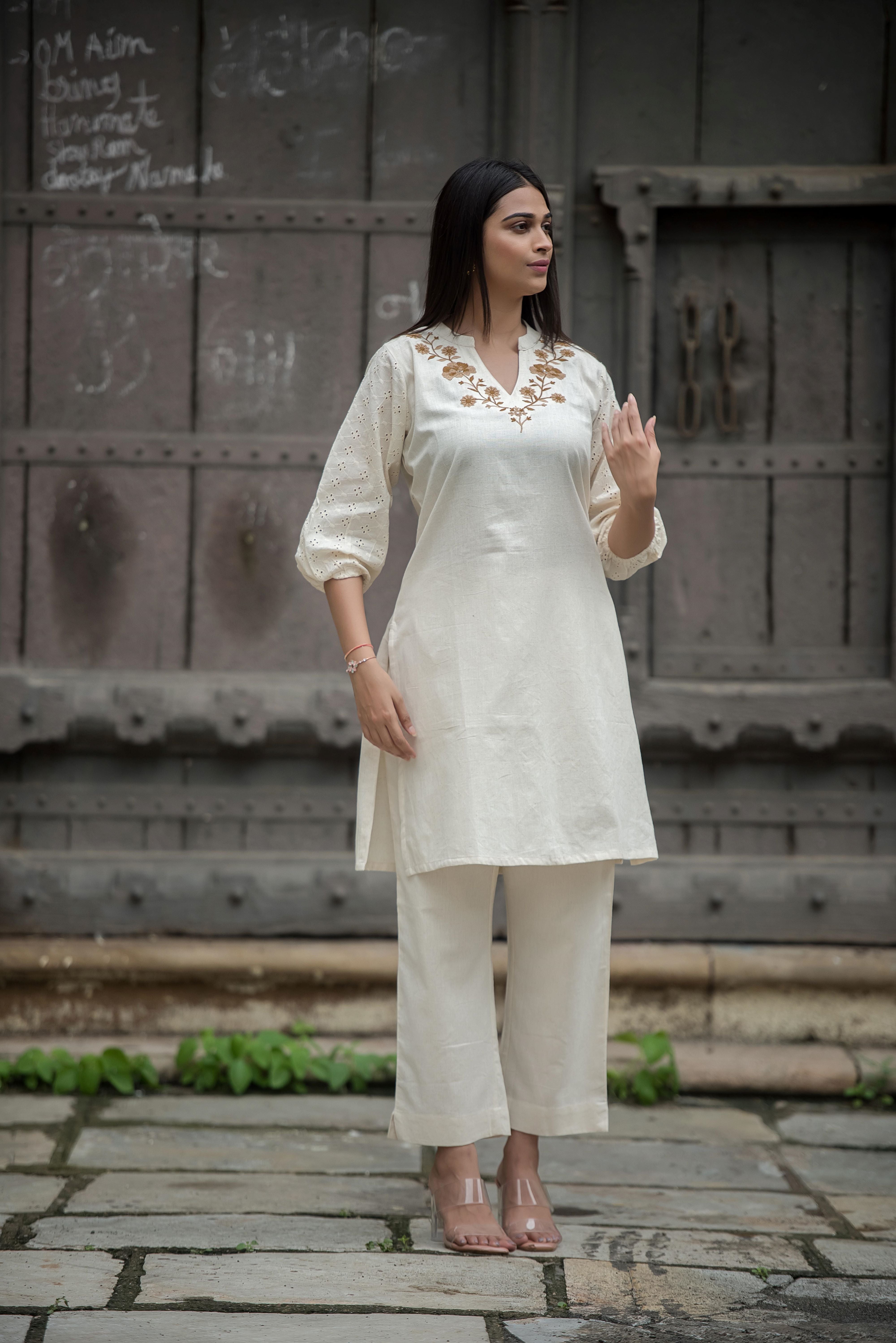 Beige Balloon Sleeve Co-ord Set