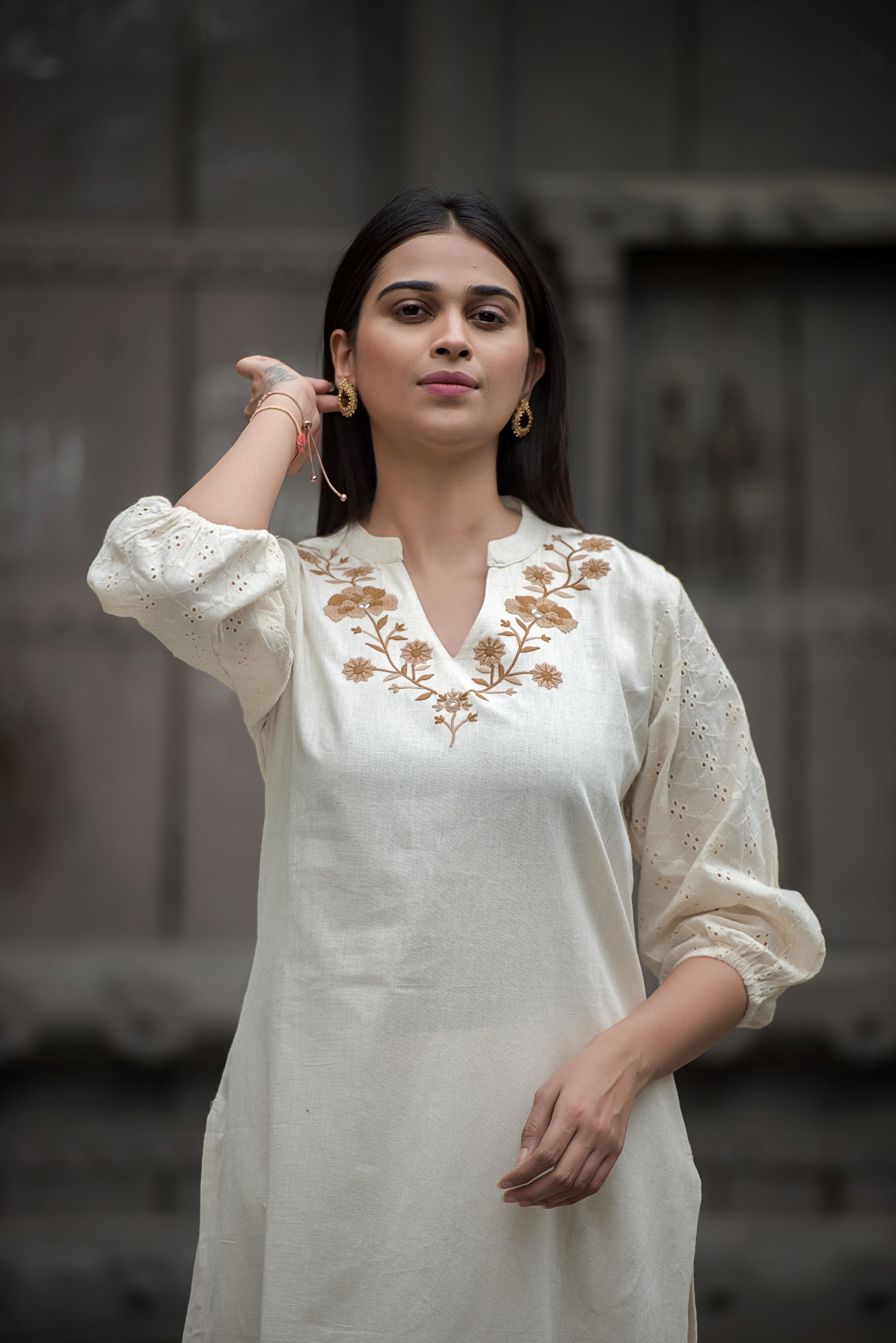 Beige Balloon Sleeve Co-ord Set