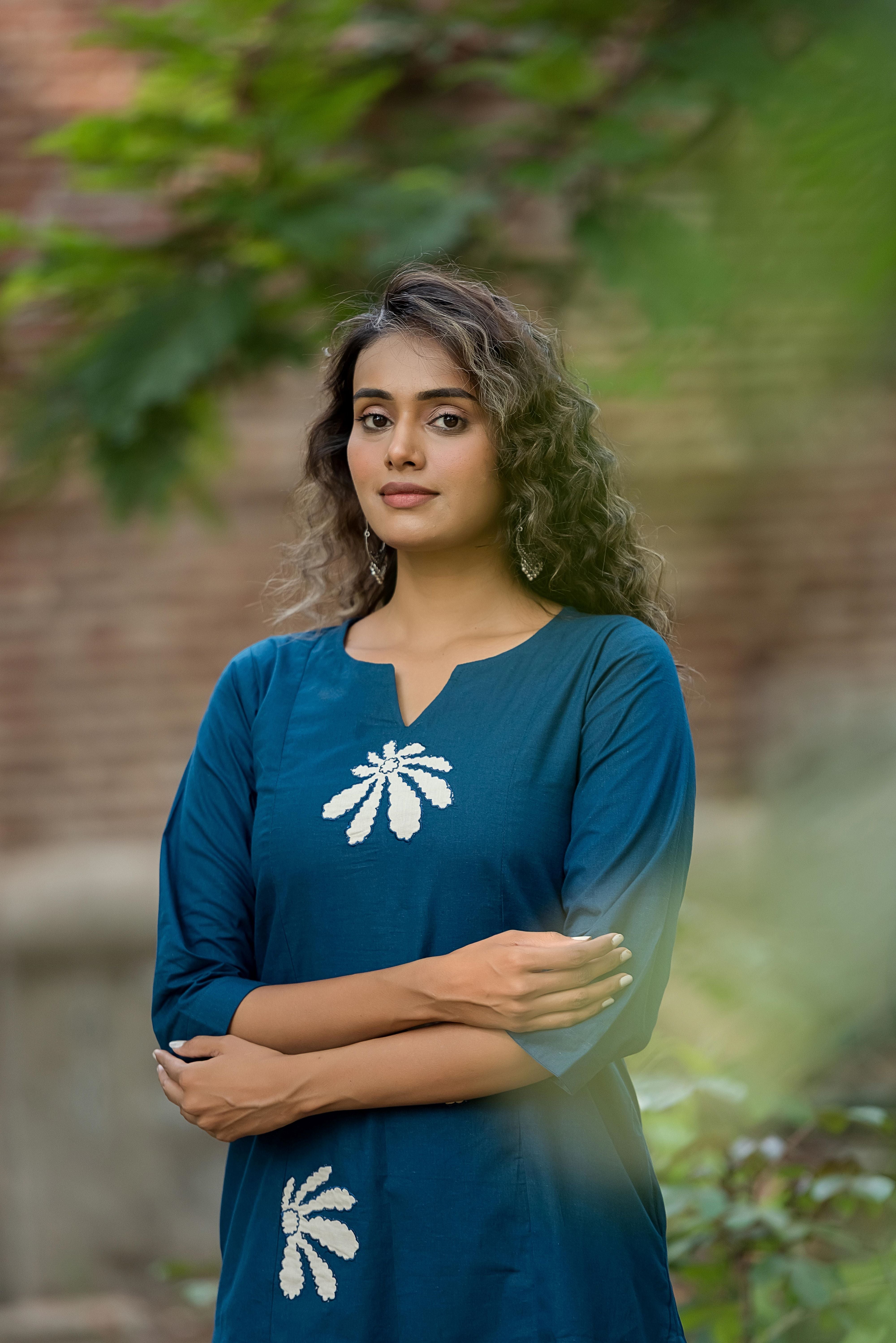 A Blue Cotton A-line Kurta Set