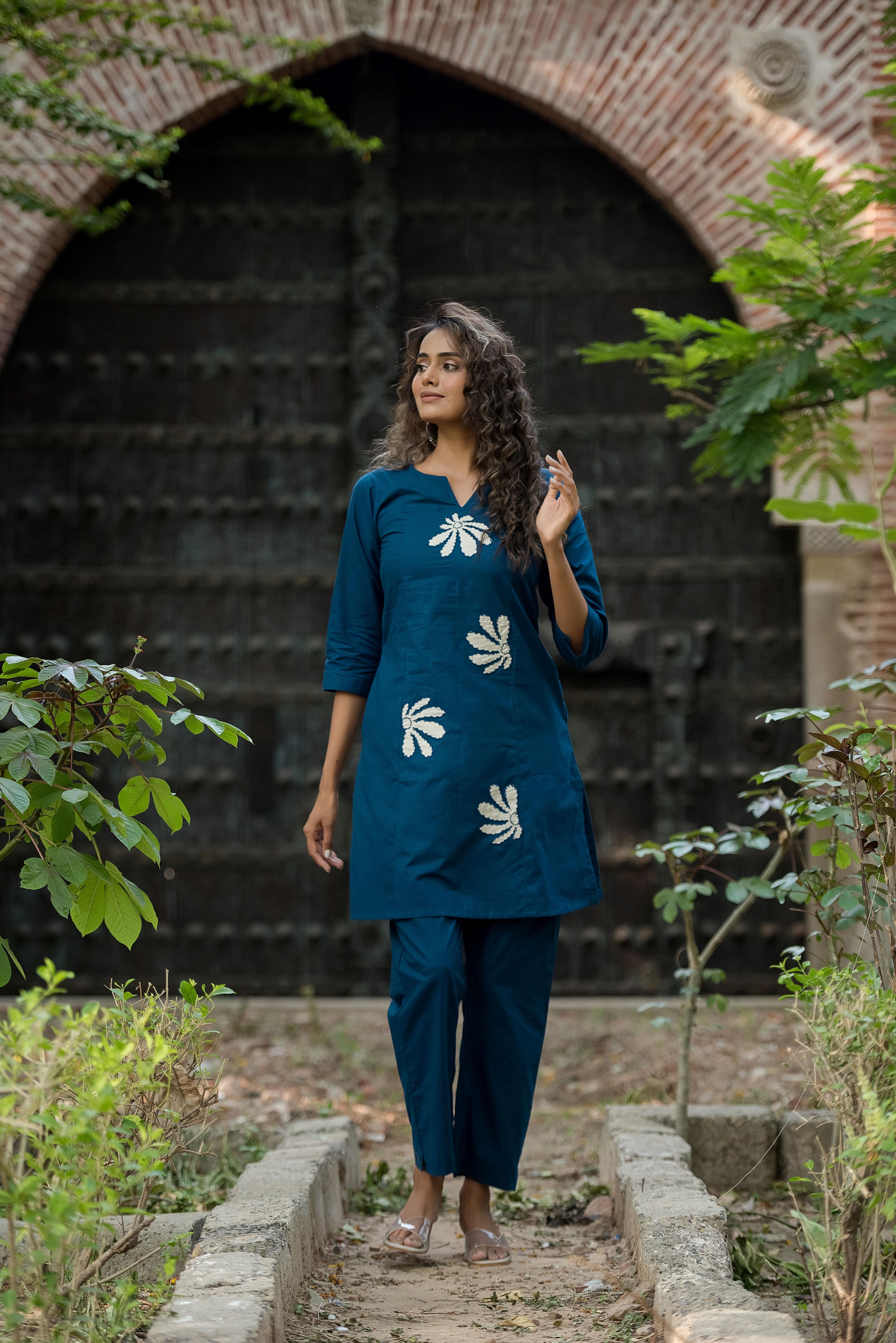 A Blue Cotton A-line Kurta Set