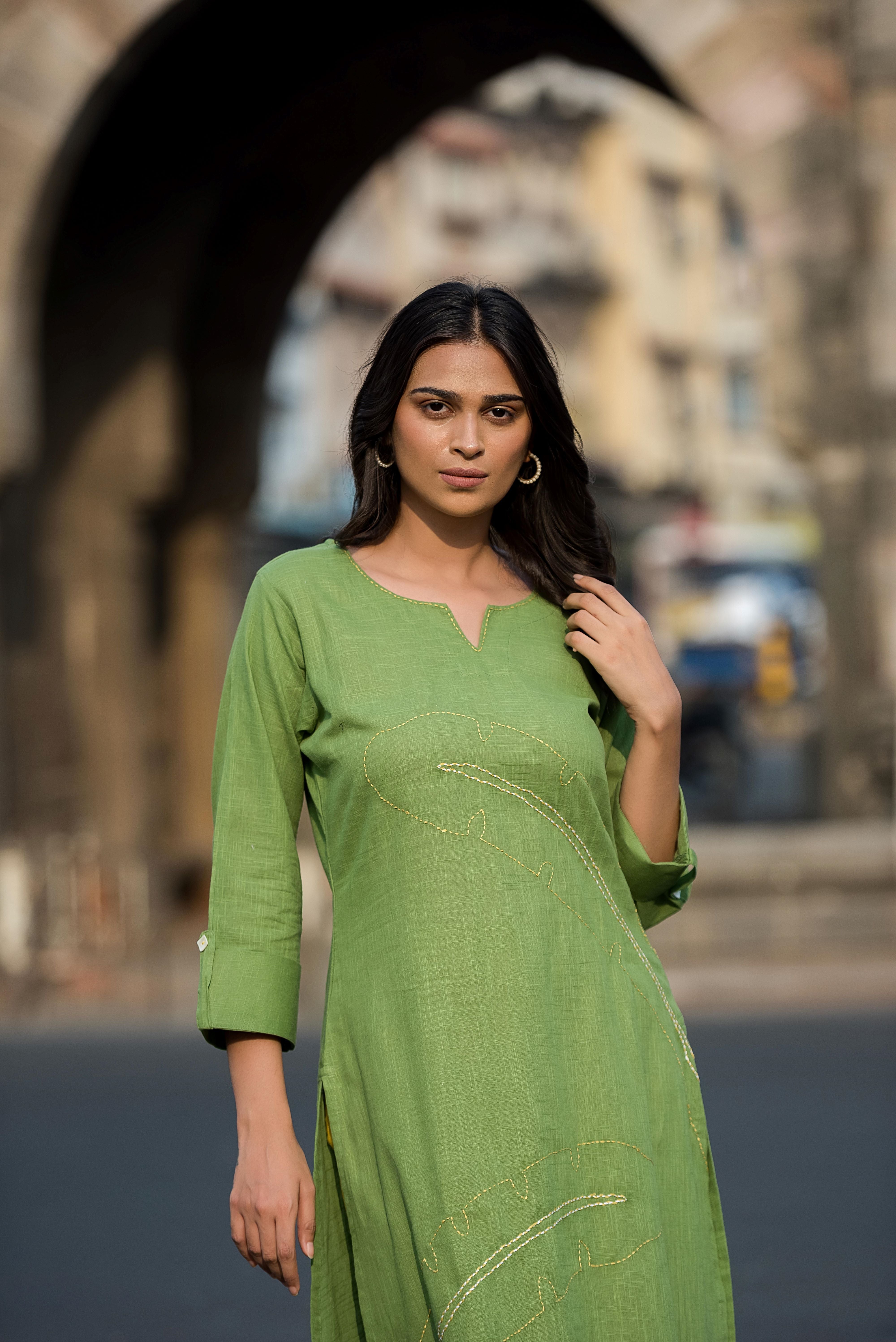 Green Linen Straight-fit Kurta Set