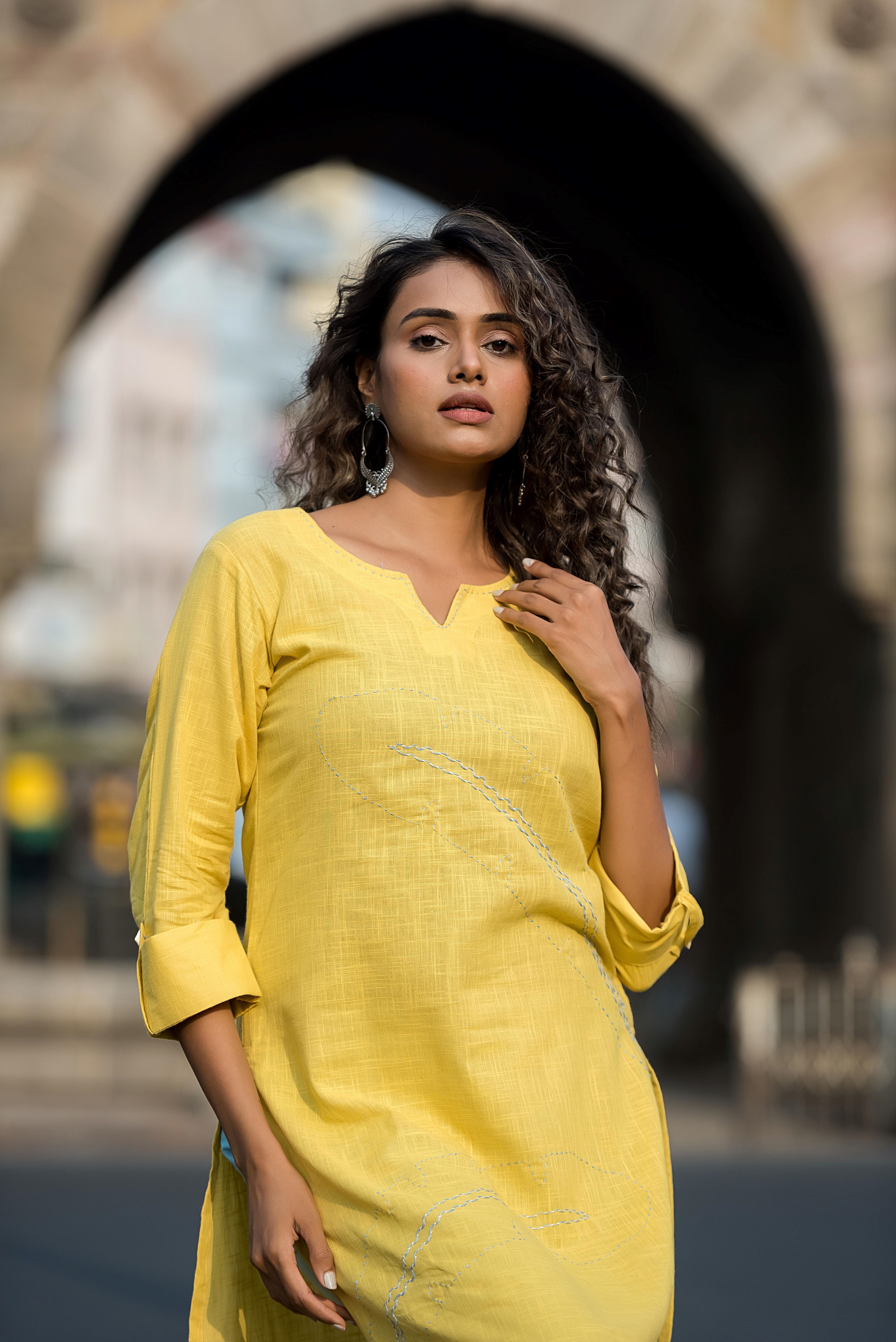 Yellow Straight-fit Kurta Set