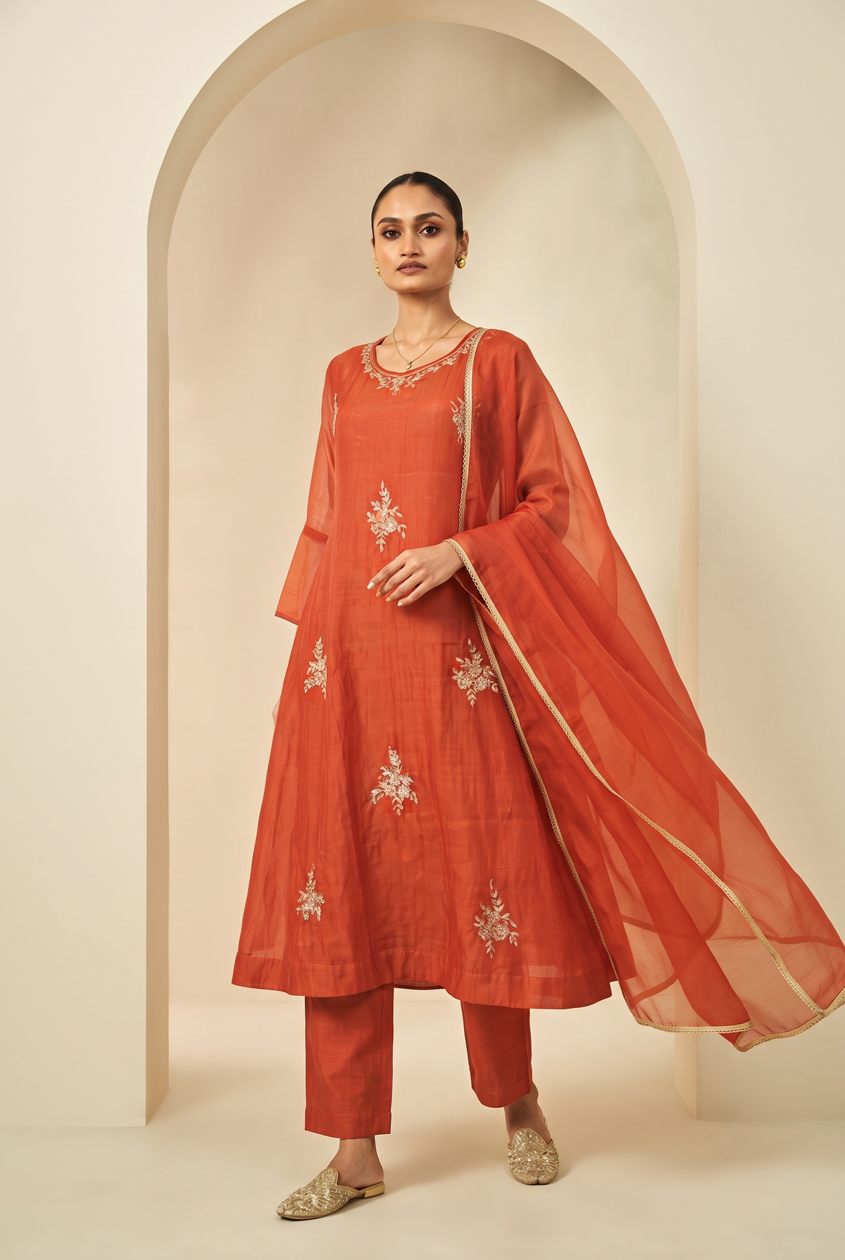 Rust Banarasi Mal Chanderi Anarkali Suit Set