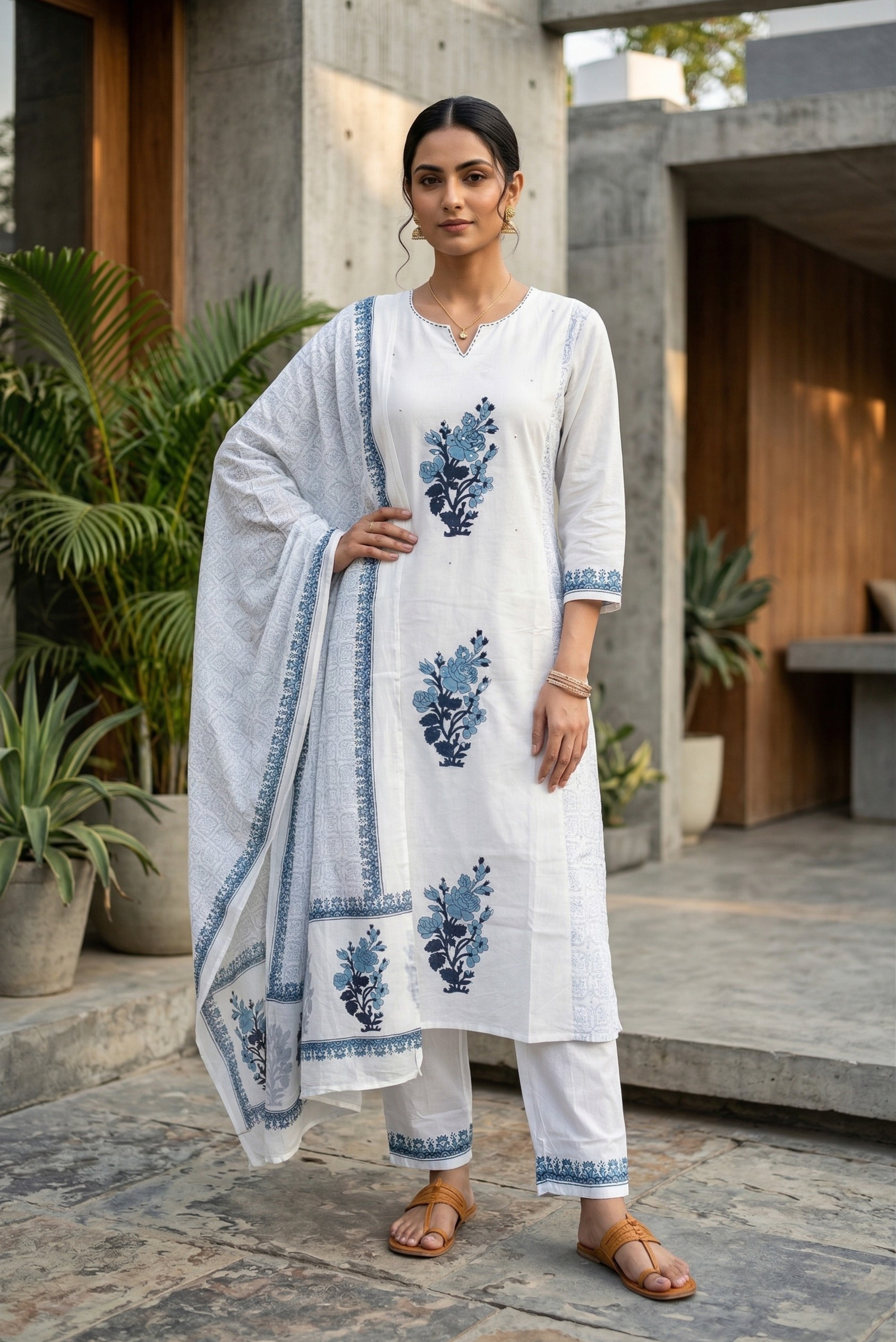 White Straight Cotton Suit Set