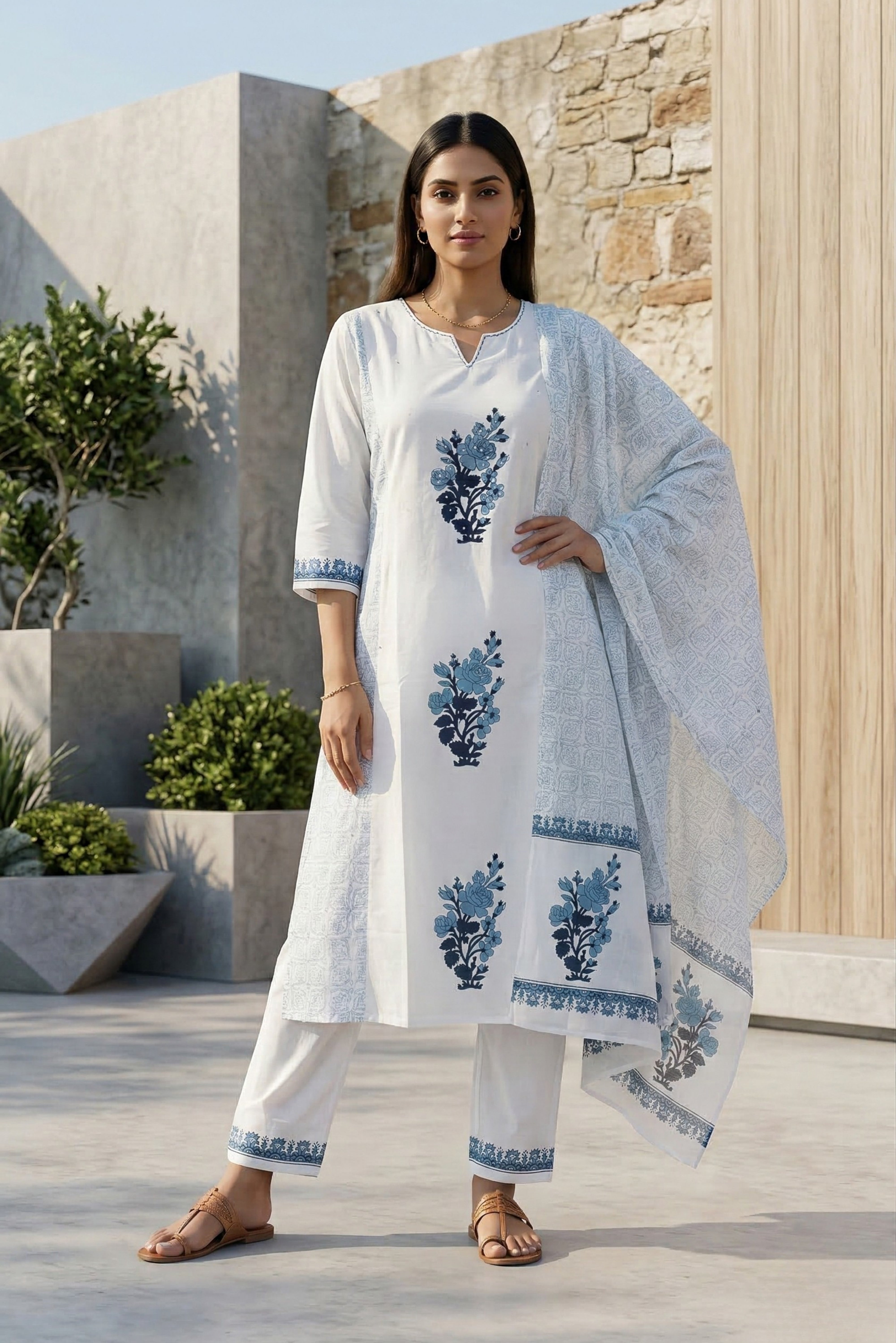 White Straight Cotton Suit Set