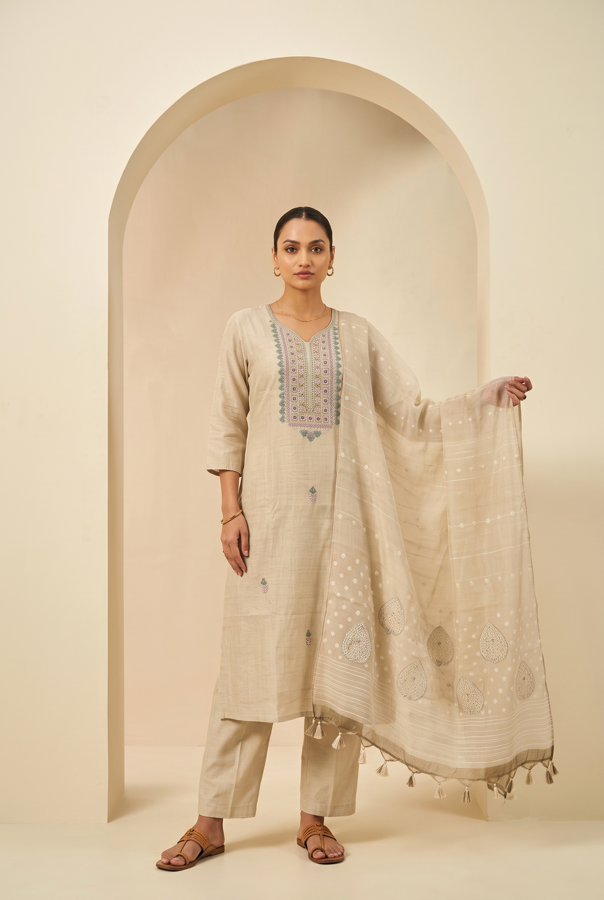 White Poly Linen Silk Straight Salwar Suit
