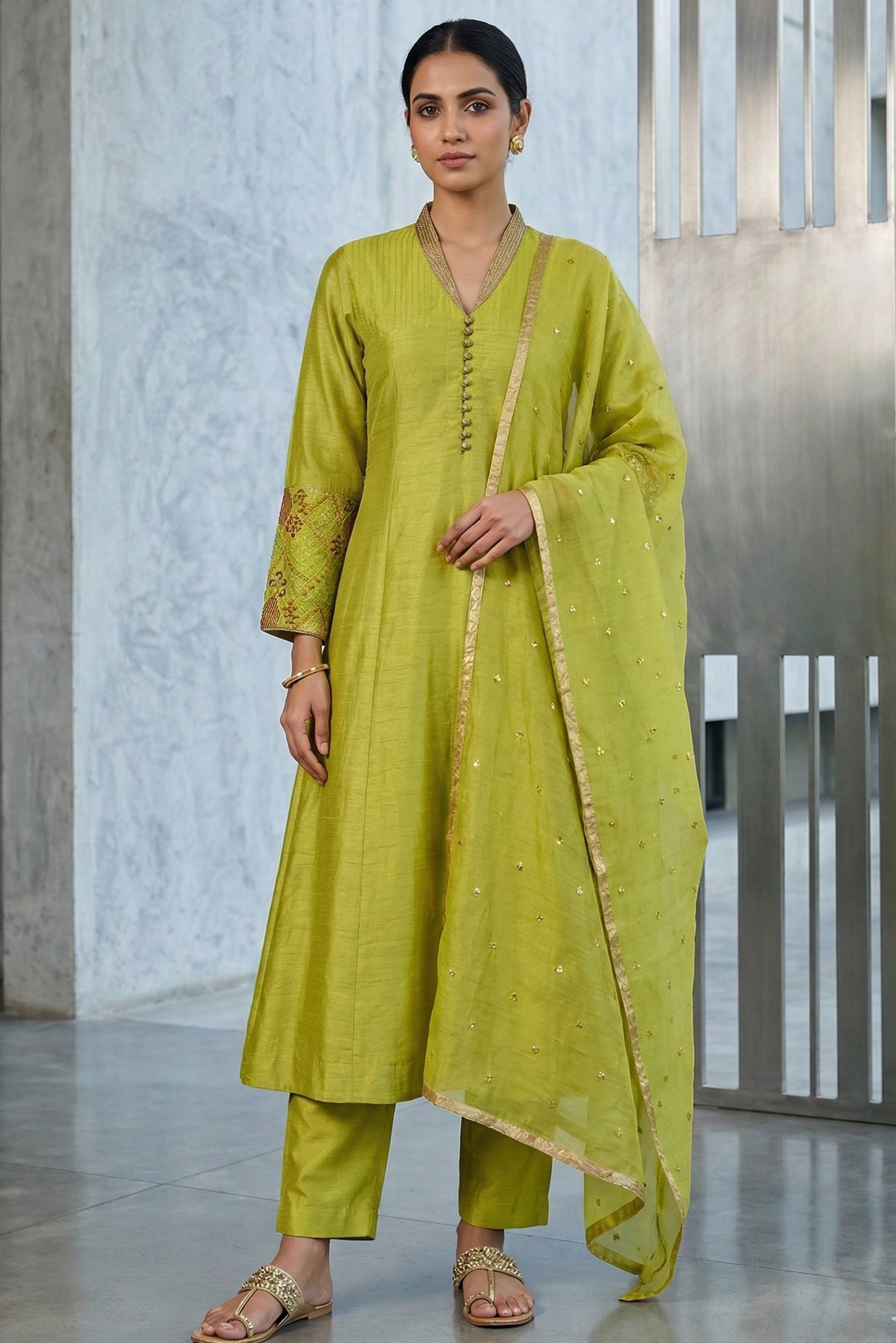 Rich Dola Silk Lime Green A-line Suit Set