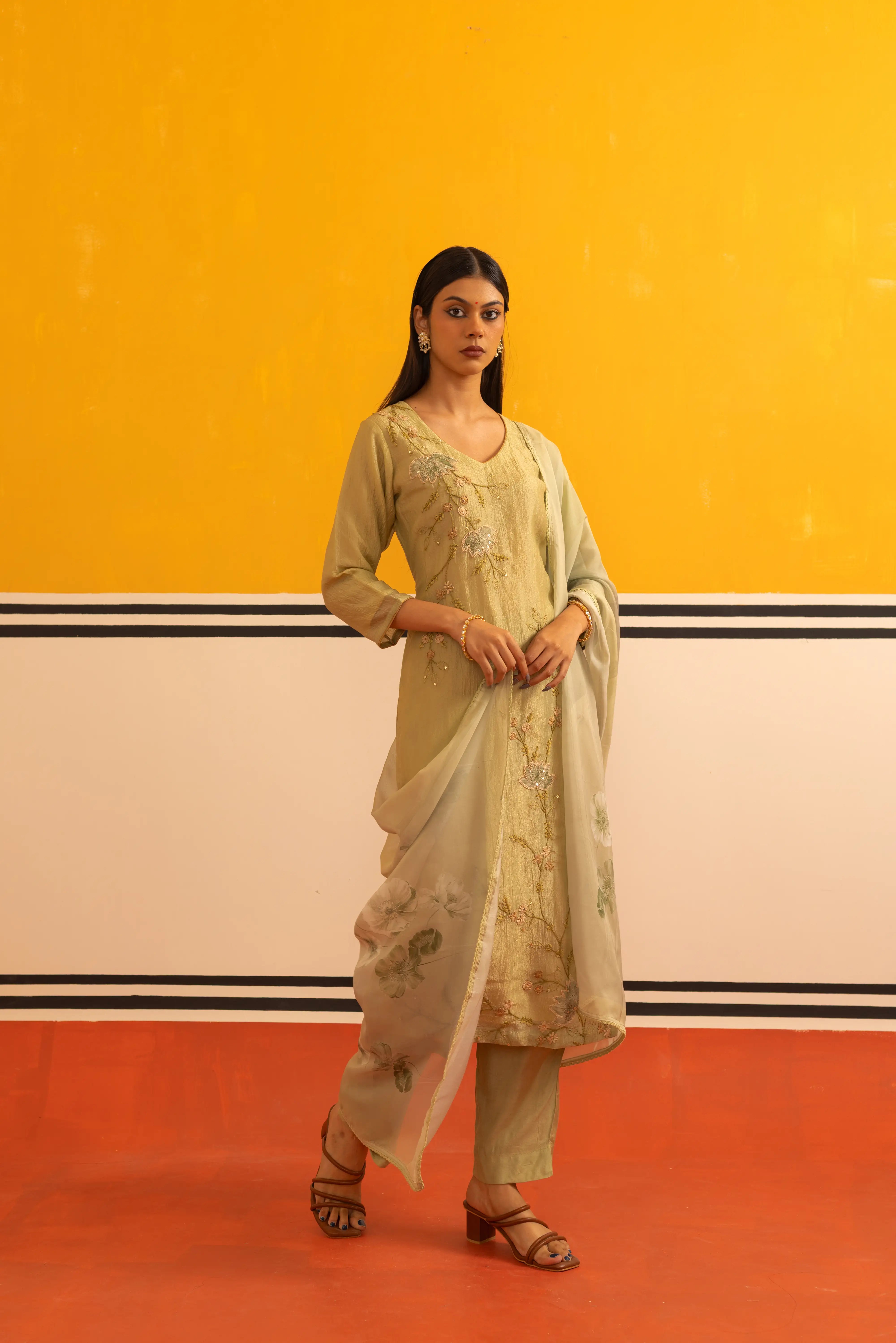 Pista Green Cotton Straight Suit Set