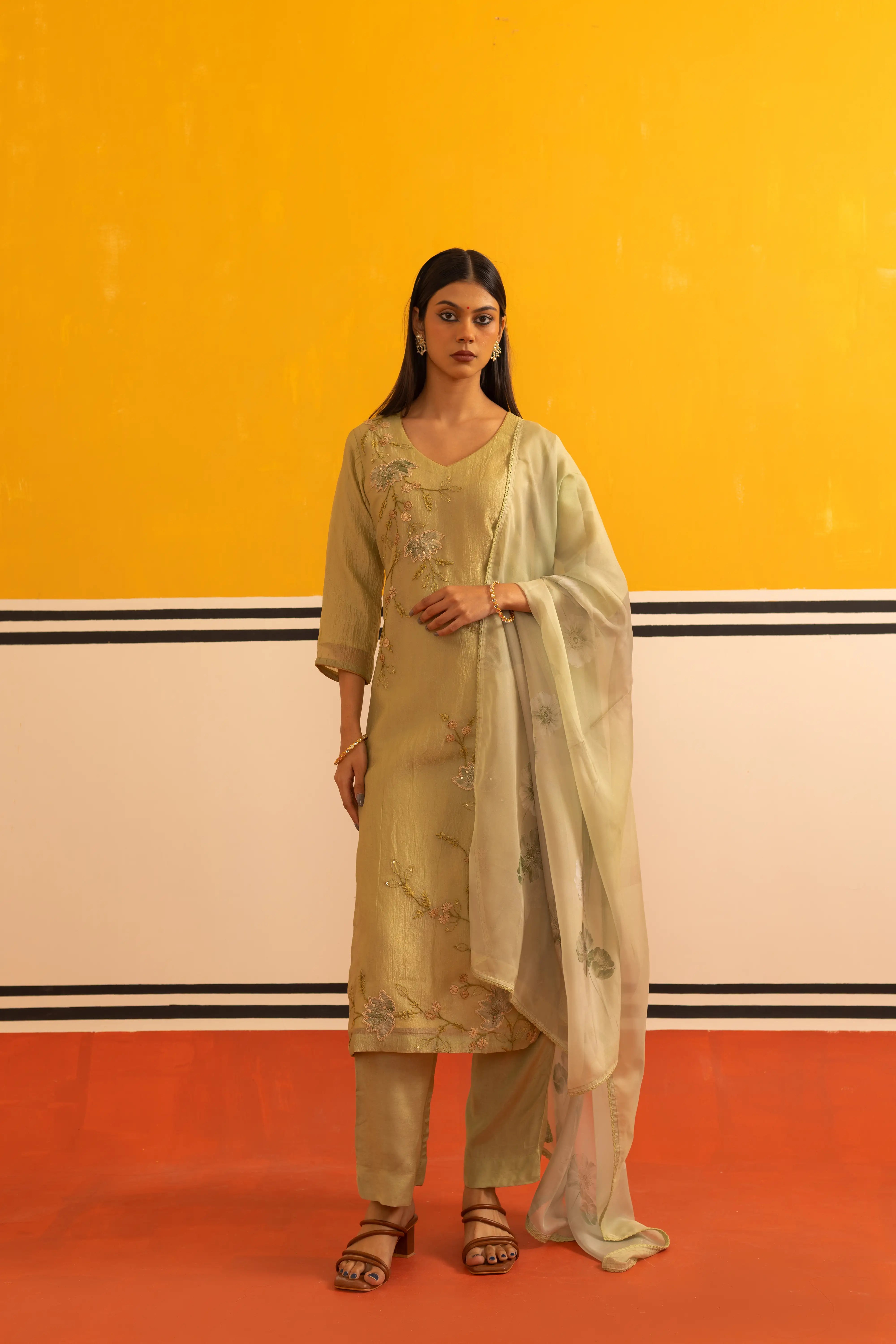 Pista Green Cotton Straight Suit Set