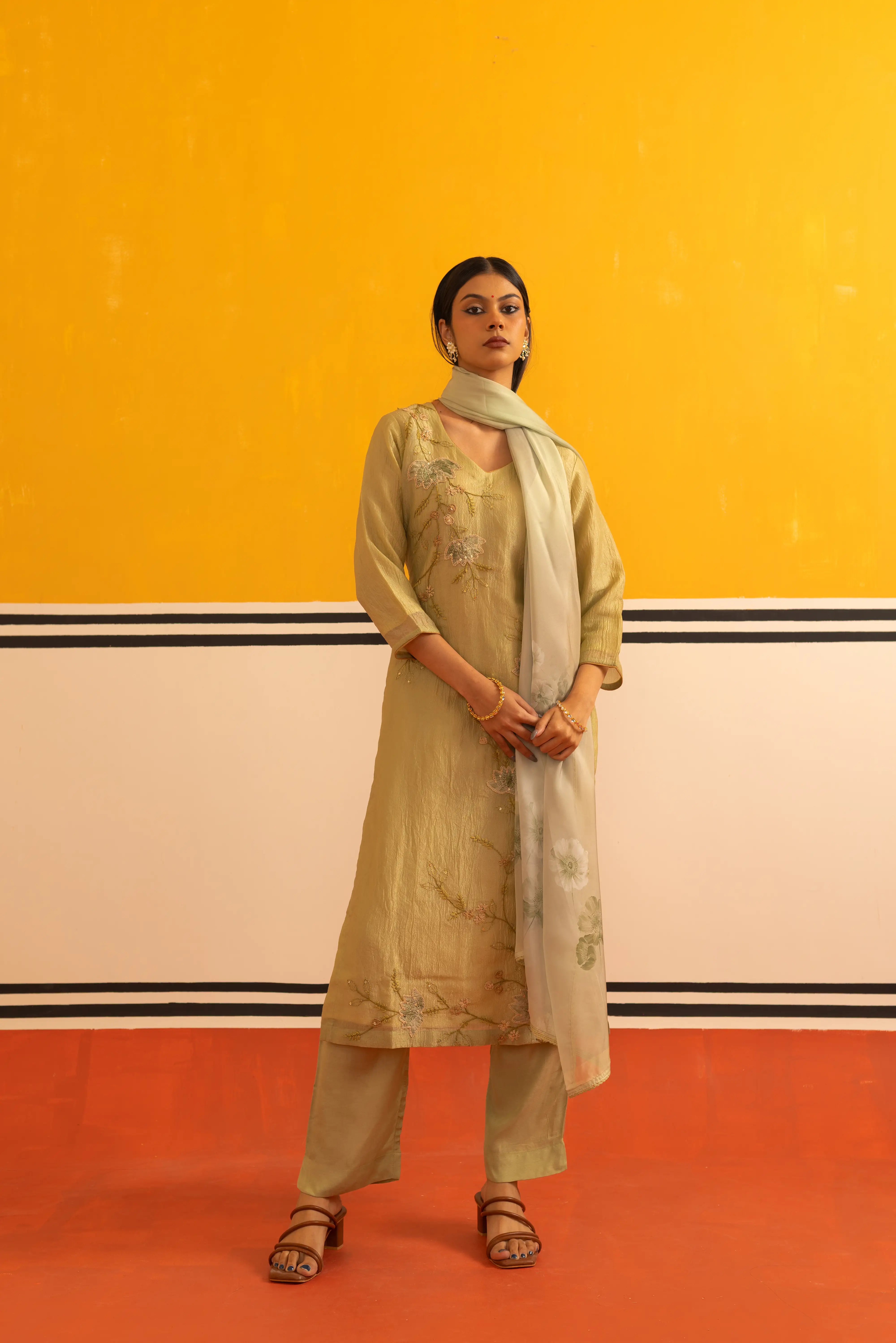 Pista Green Cotton Straight Suit Set