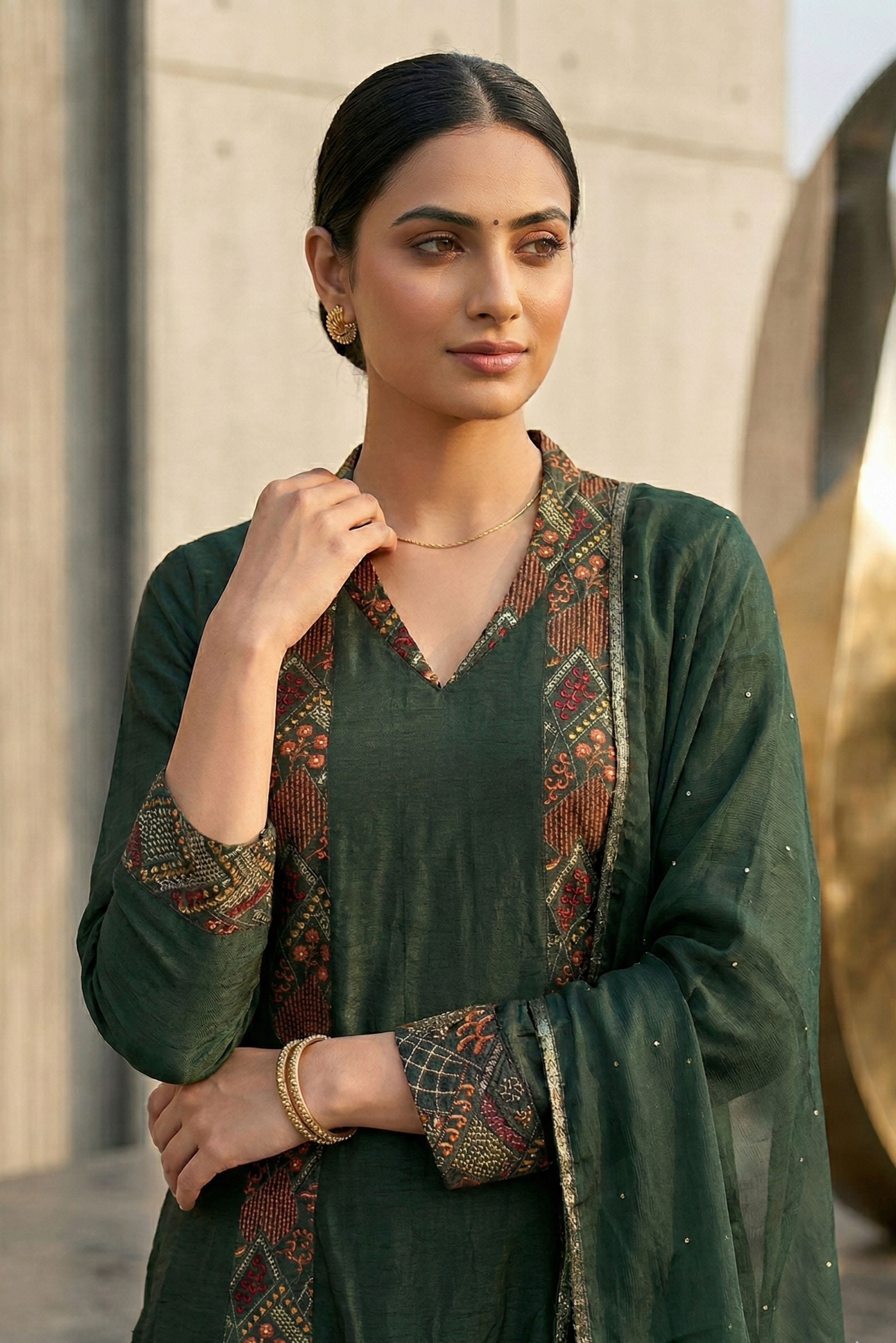 D.Green Anarkali Silk Suit Set