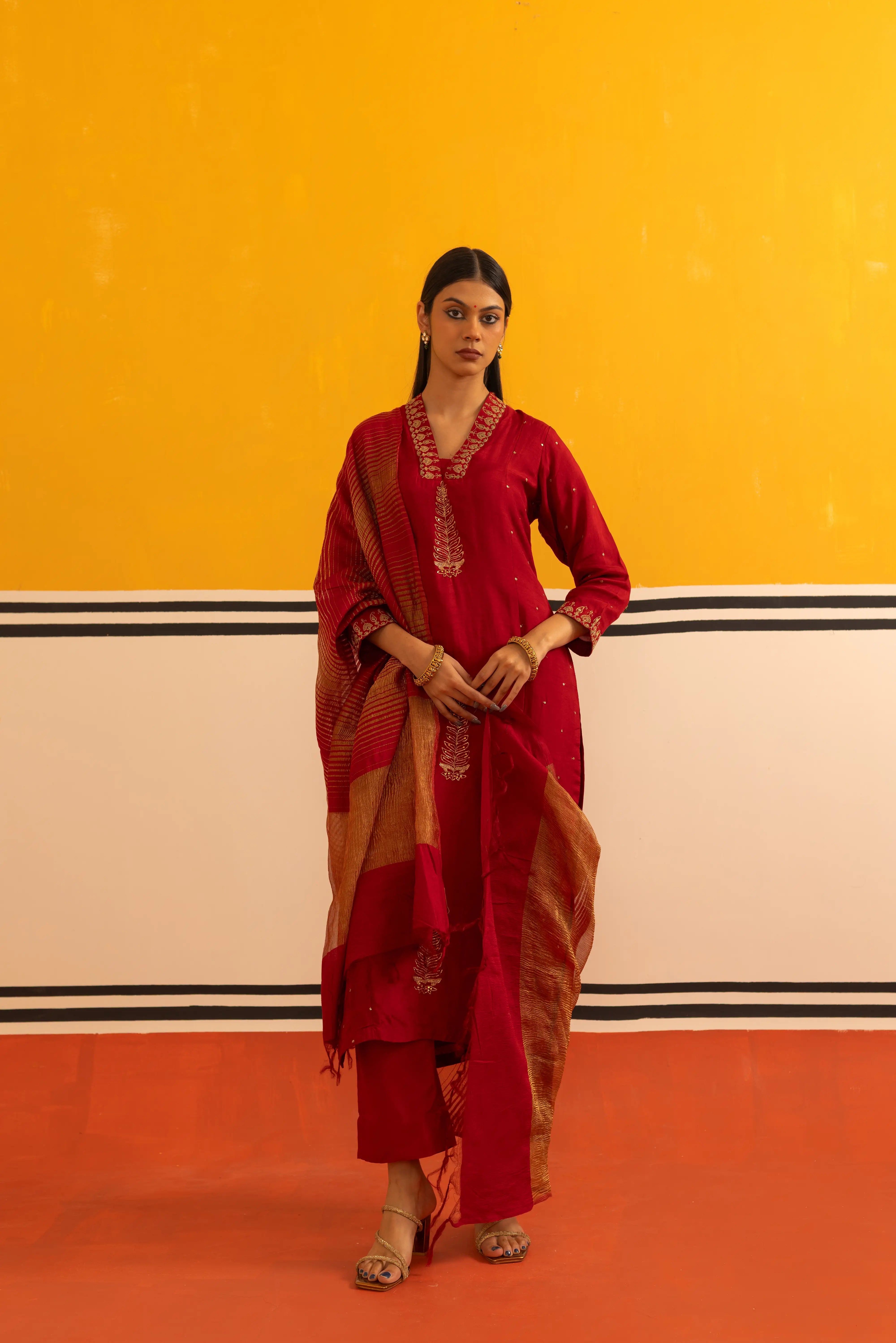 Maroon Silk Straight Suit Set