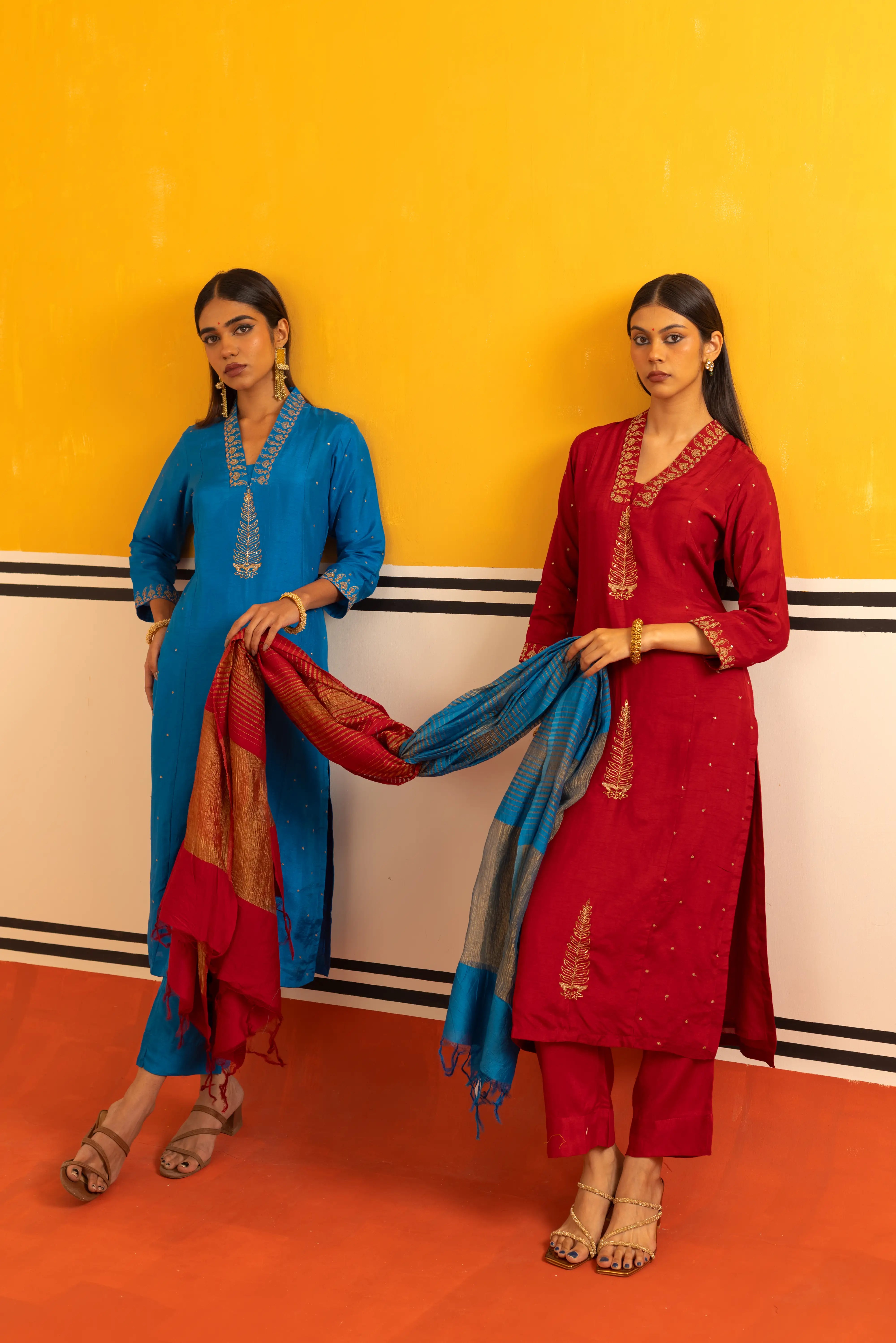 Maroon Silk Straight Suit Set