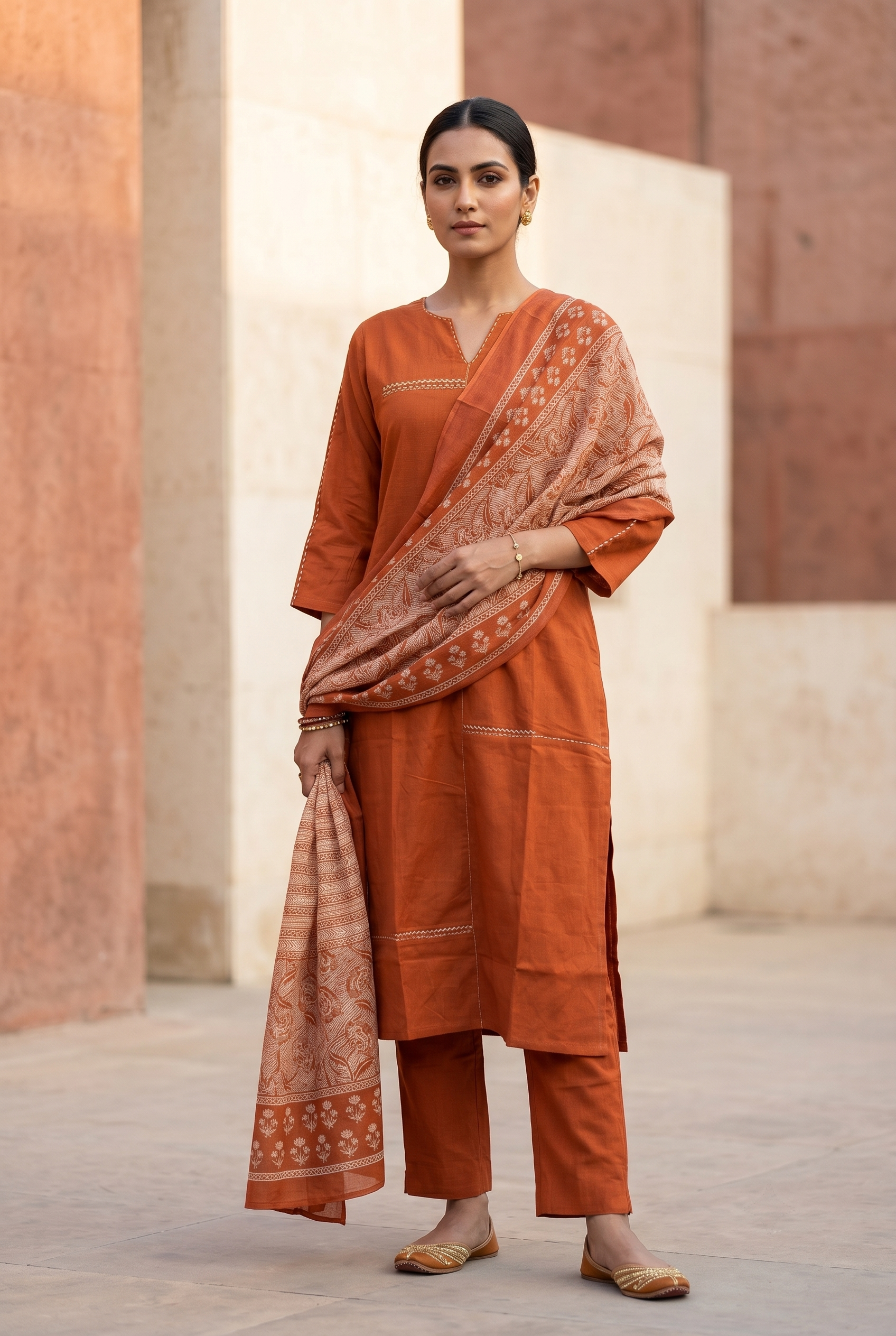 Rust Cotton Straight Suit Set