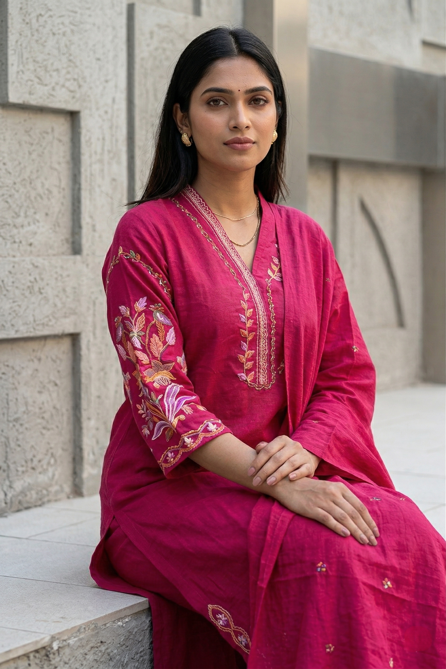 Pink Cotton Straight Suit Set