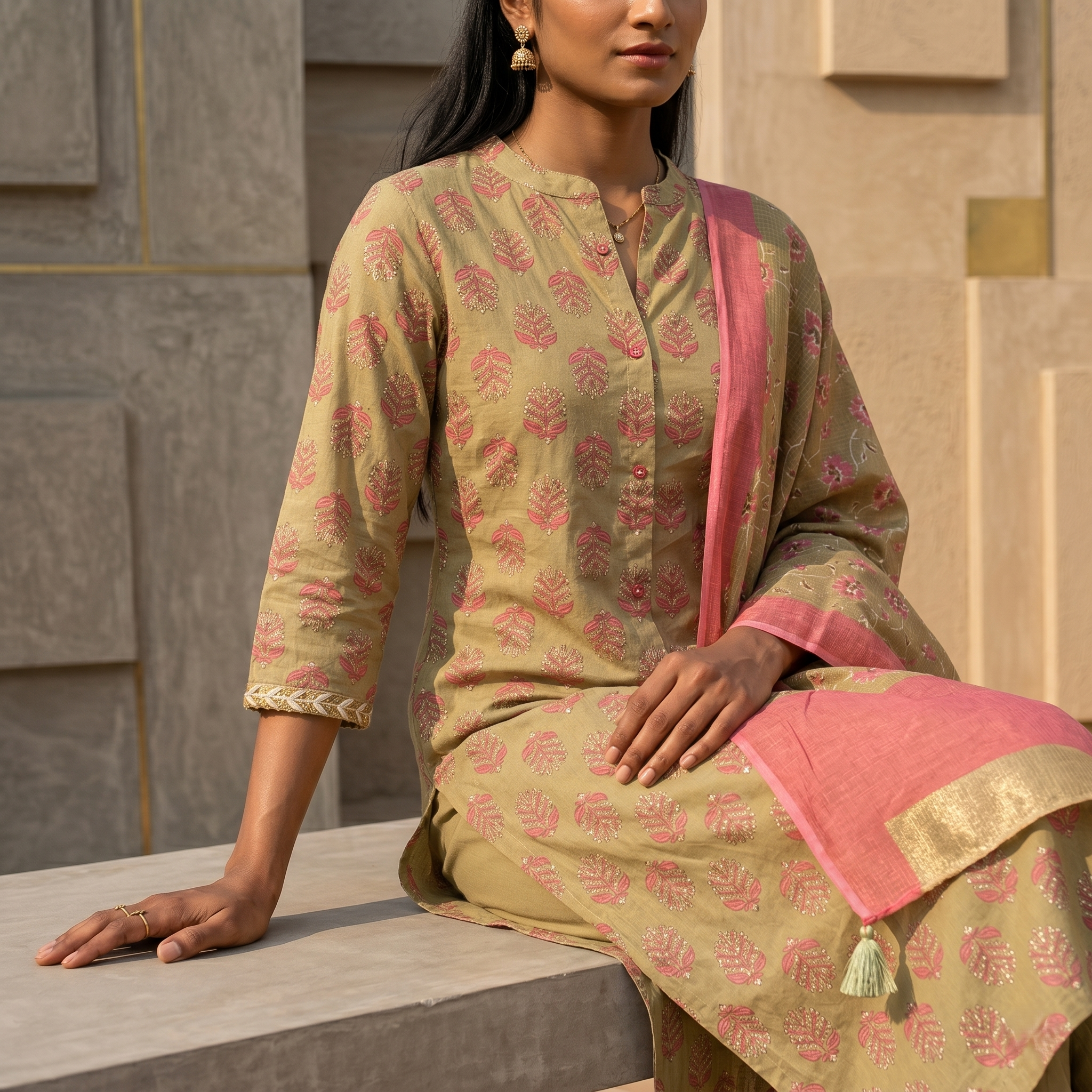 Olive Cotton Straight Jaipuri Print Salwar Suit Set