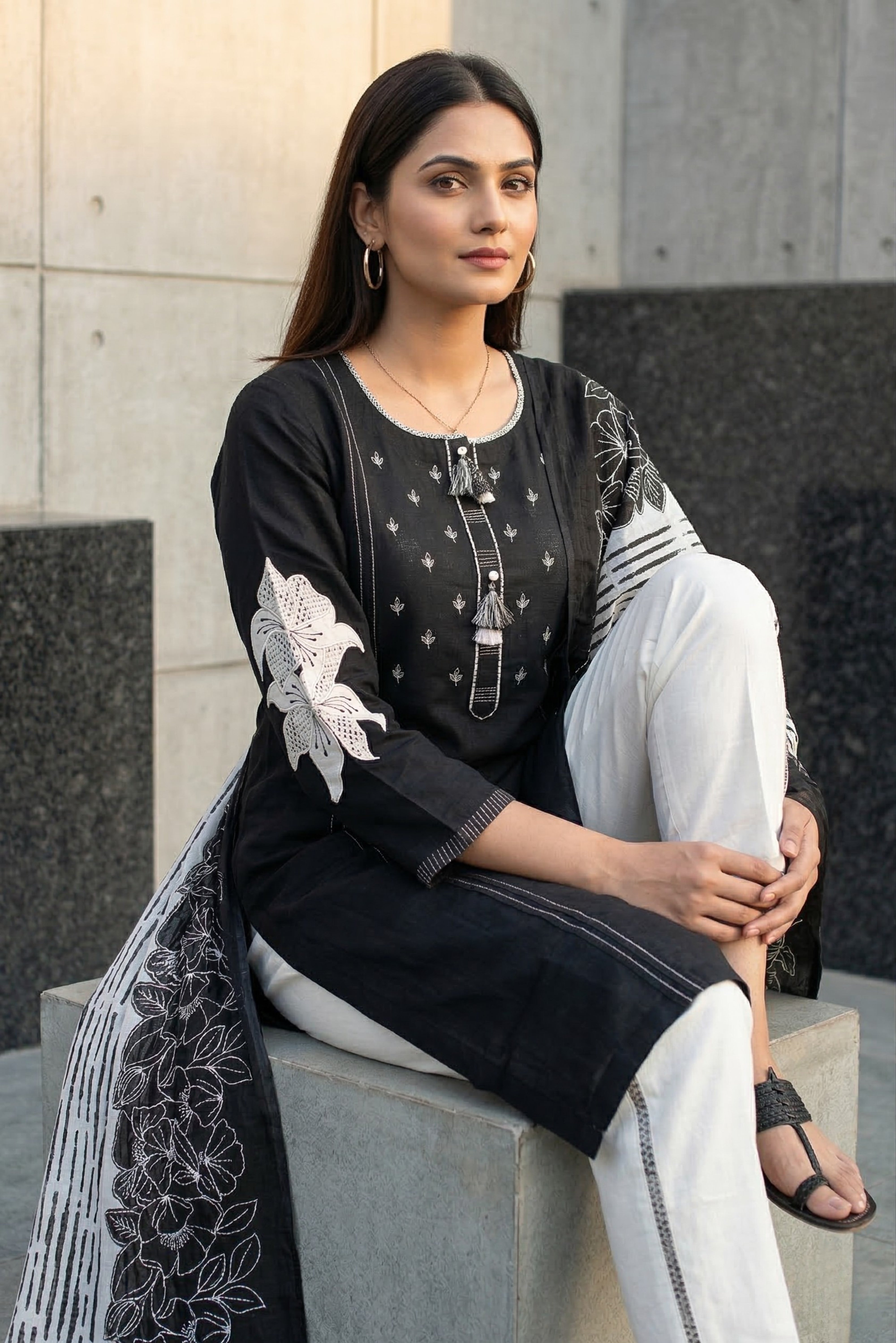 Black Cotton Straight Suit Set