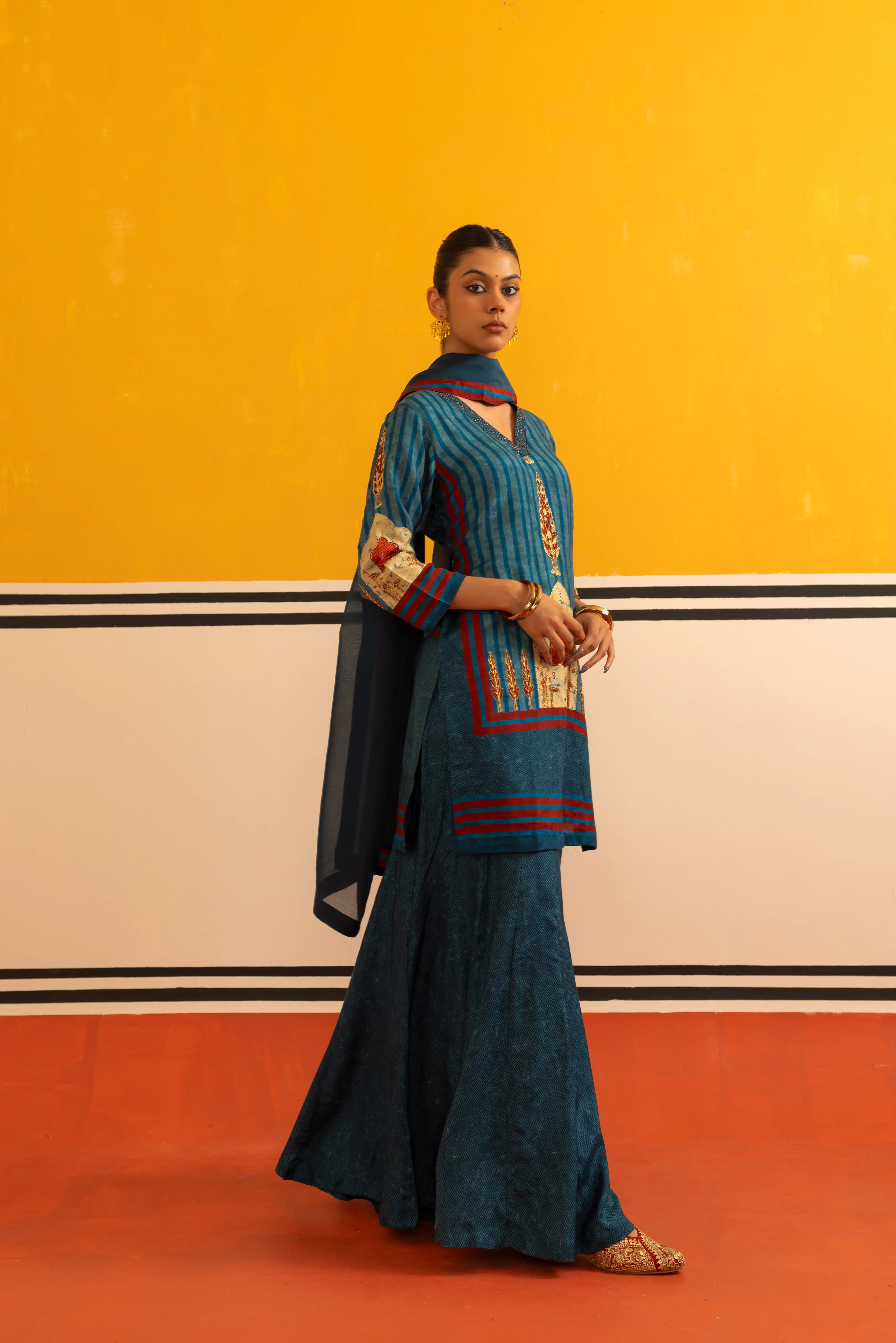 Blue Muslin Straight Suit Set