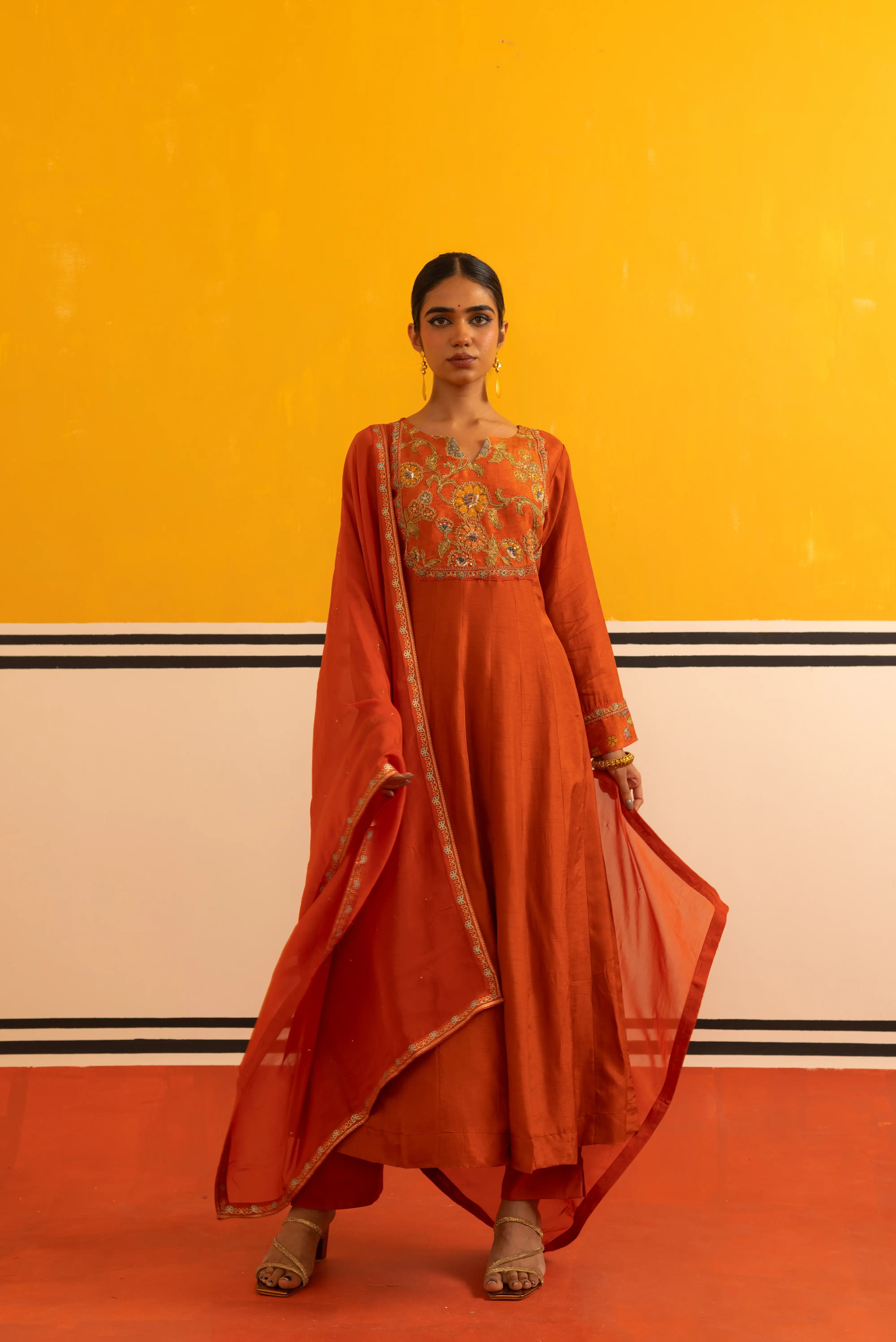 Rust Silk Flared Suit Set