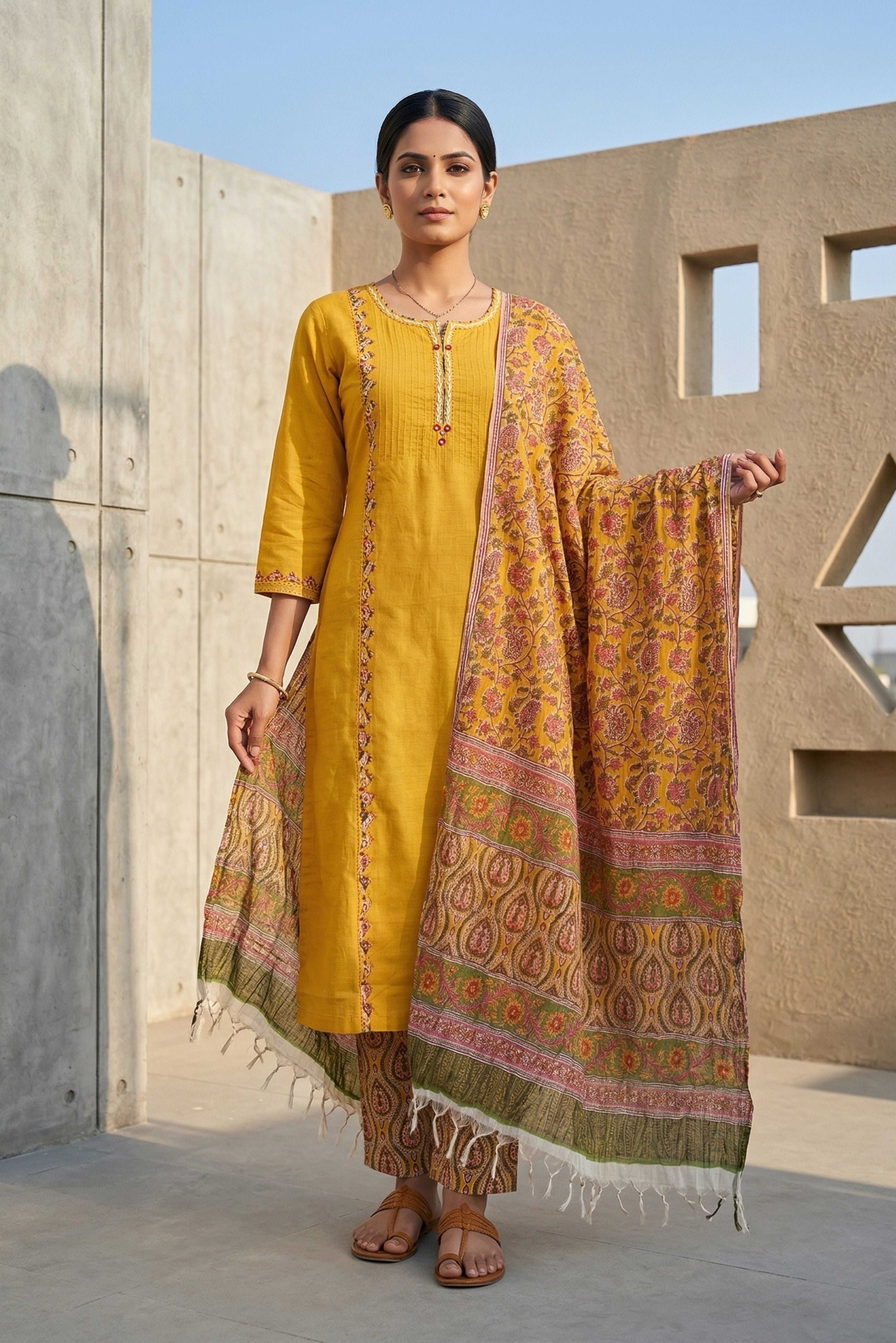 Yellow Patchwork Cotton Straight Suit Set