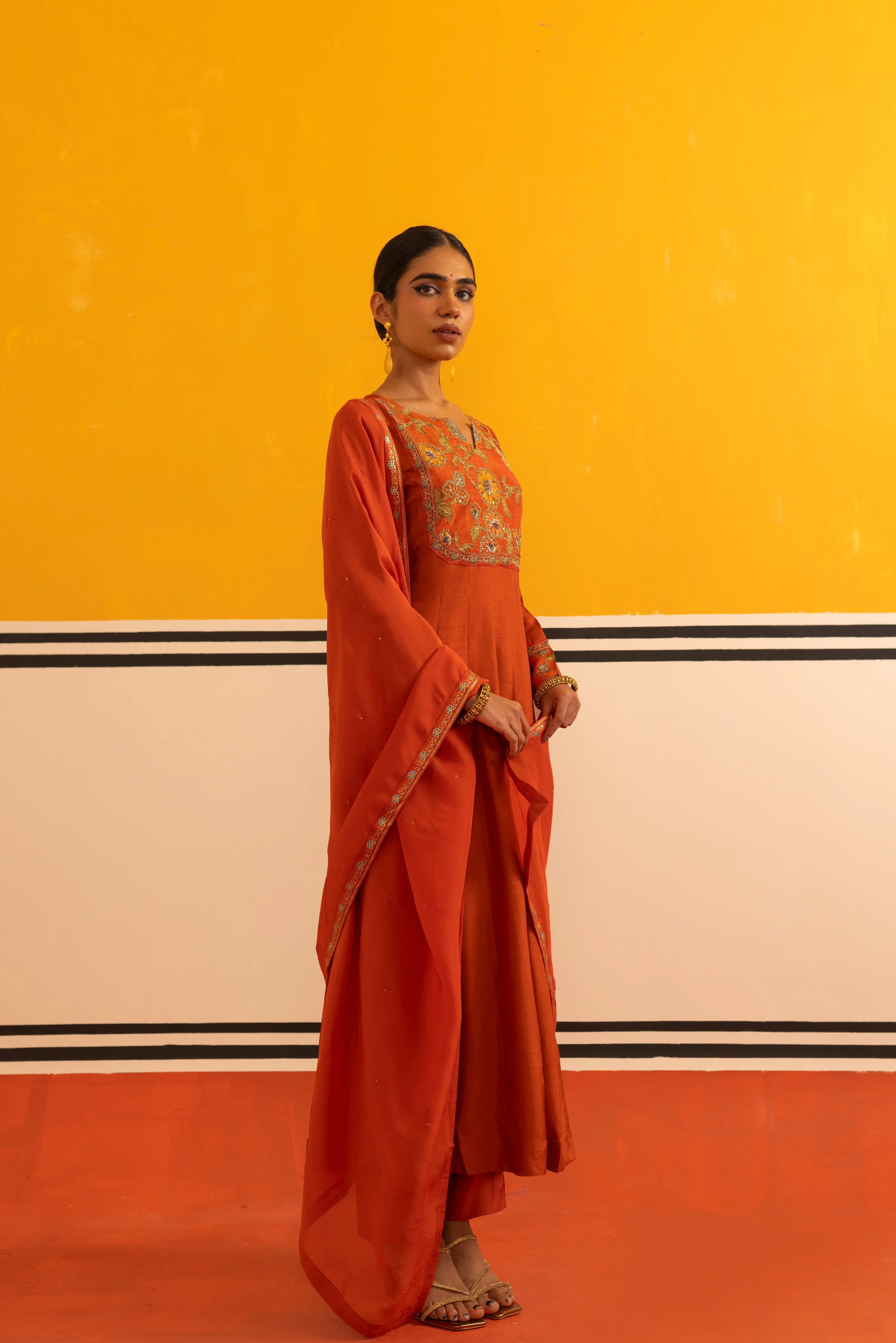 Rust Silk Flared Suit Set