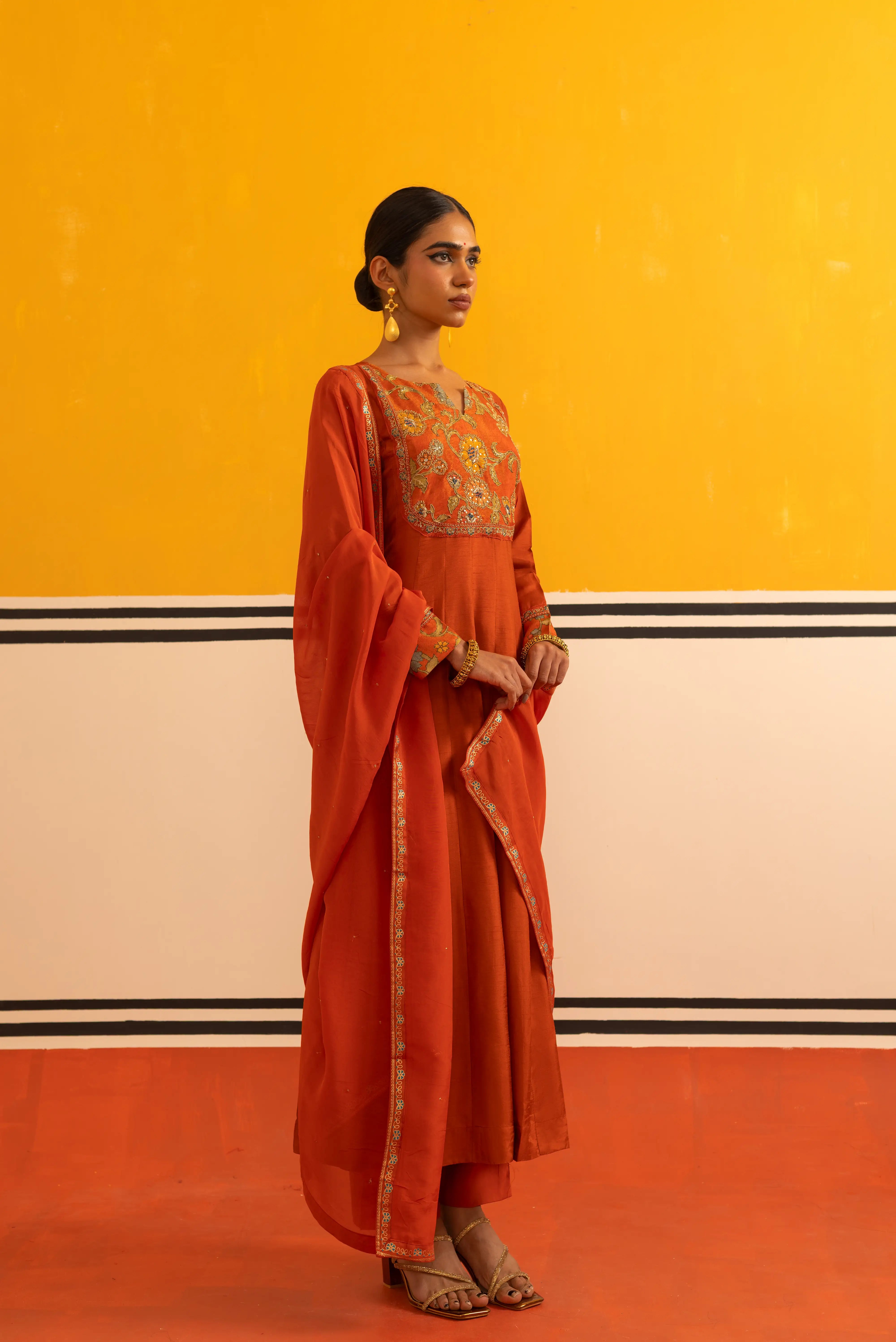 Rust Silk Flared Suit Set