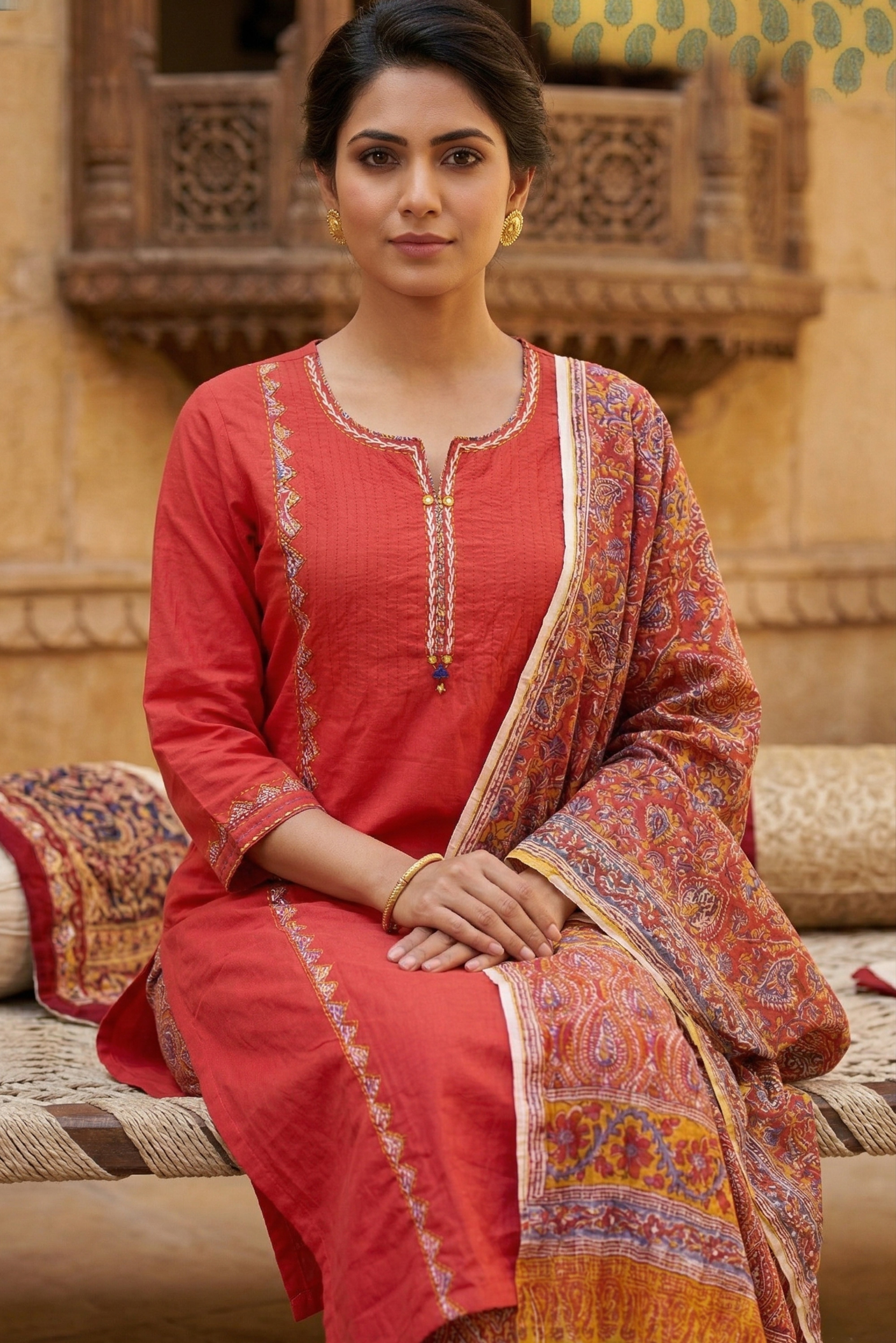 Tameto Red Straight Cotton Suit Set
