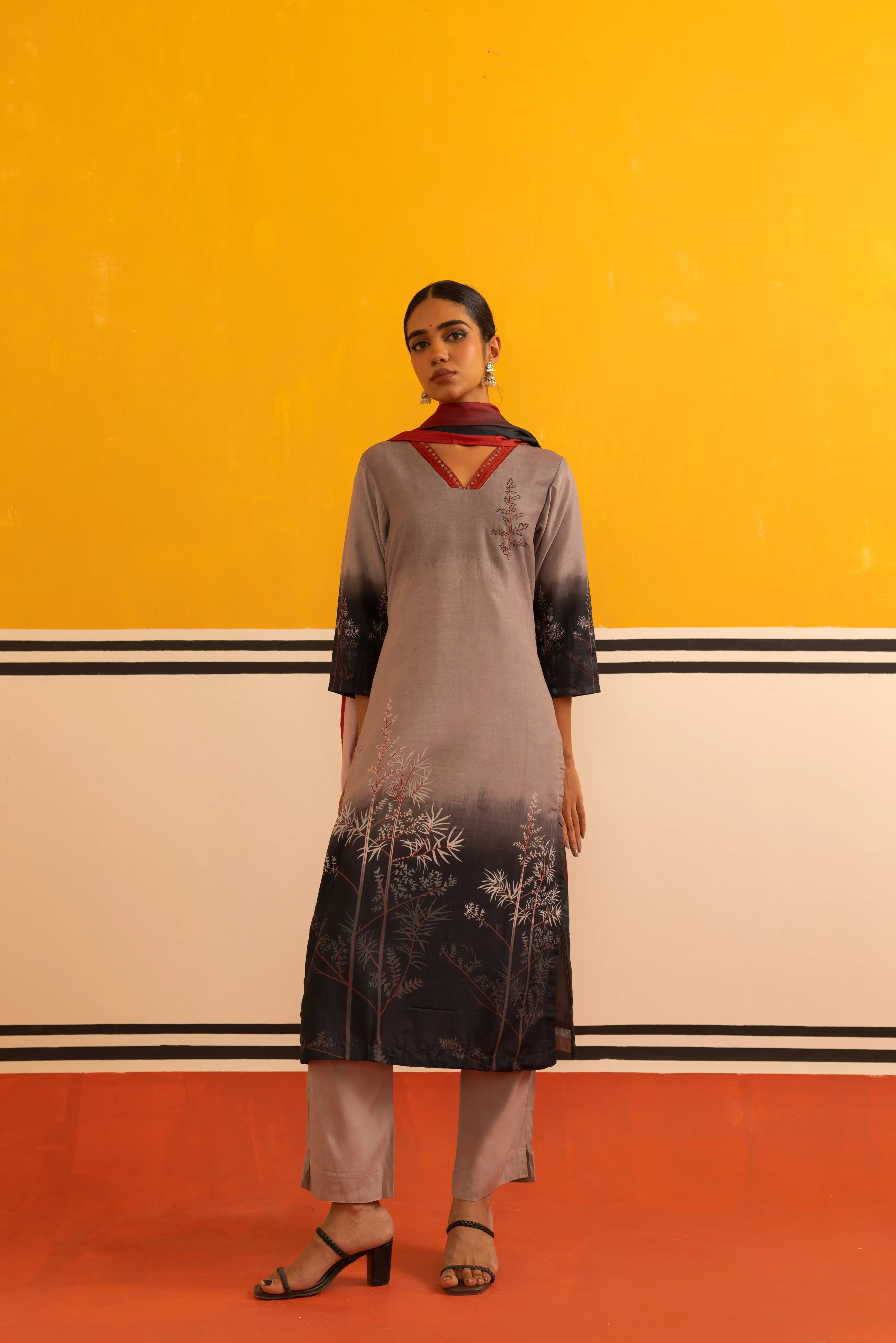 Black Muslin Straight Suit Set