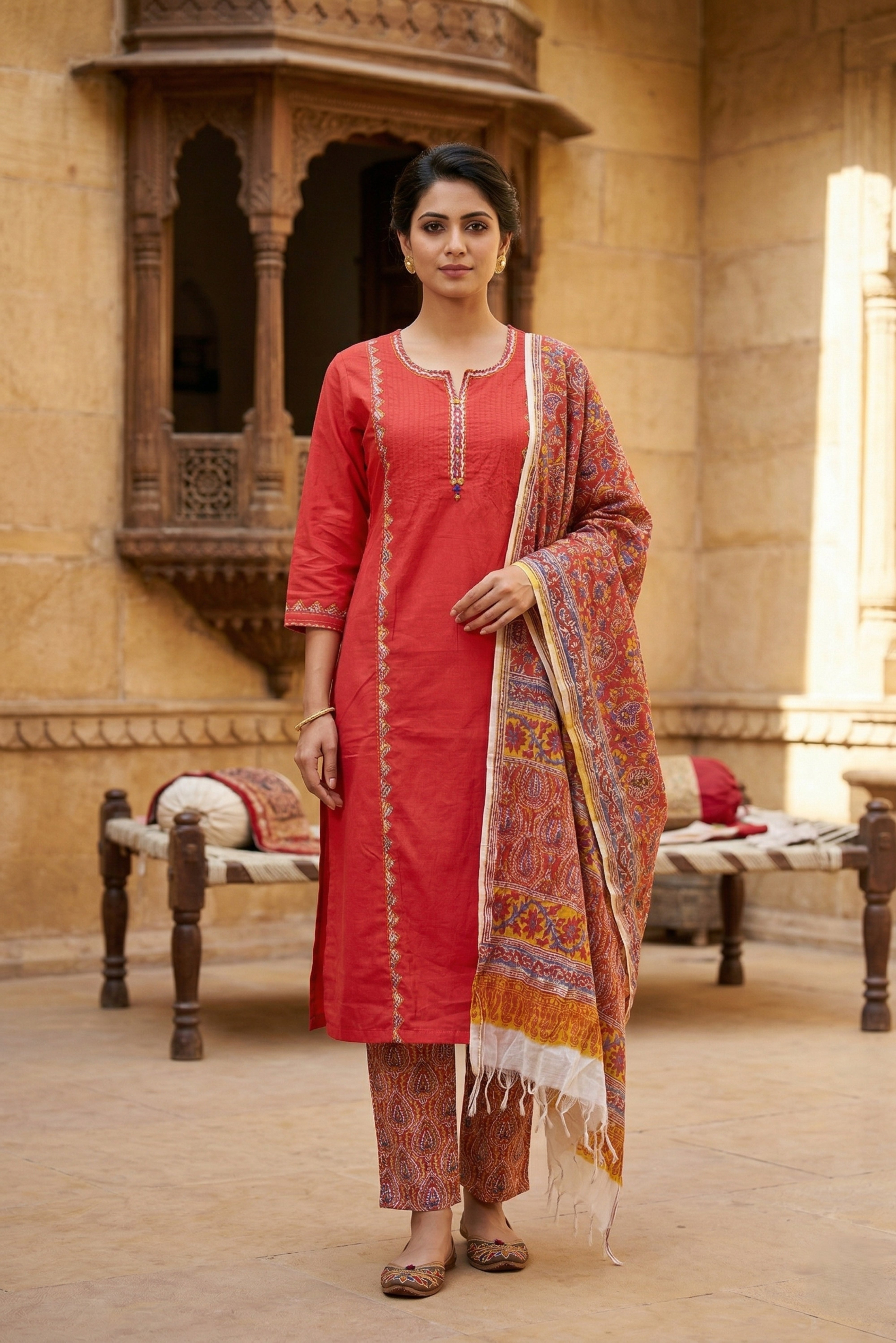 Tameto Red Straight Cotton Suit Set